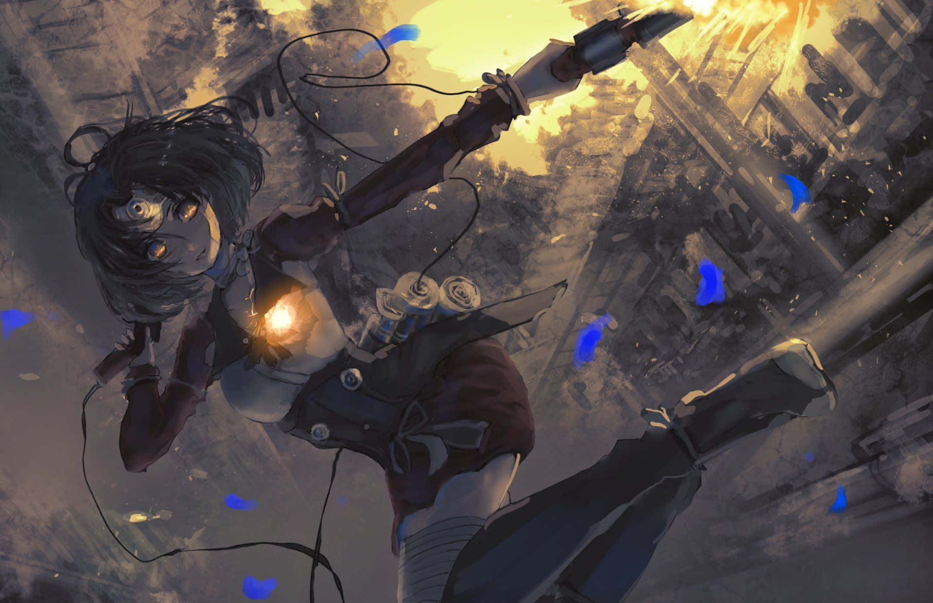 Kabaneri Of The Iron Fortress 桌布 壁紙 — 一個擁有發光眼睛和機械手臂的動漫女孩，在藍色粒子環繞下跳過崩塌的城市景觀。