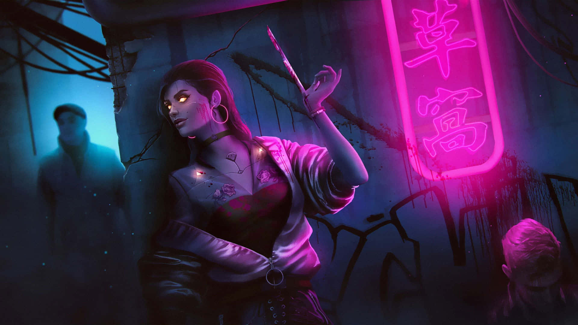 Dark Cyberpunk 桌布 壁紙 — 一個擁有發光眼睛和紋身的賽博龐克女性，在骯髒的小巷中霓虹燈牌下拿著一把刀。