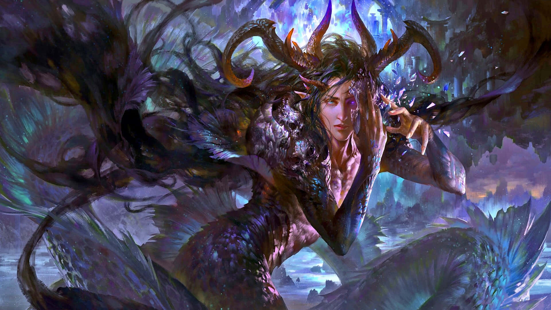 山羊座 桌布 壁紙 — 一個擁有發光眼睛和華麗角的女惡魔從神秘紫色天空下旋轉的黑暗水域中浮現。