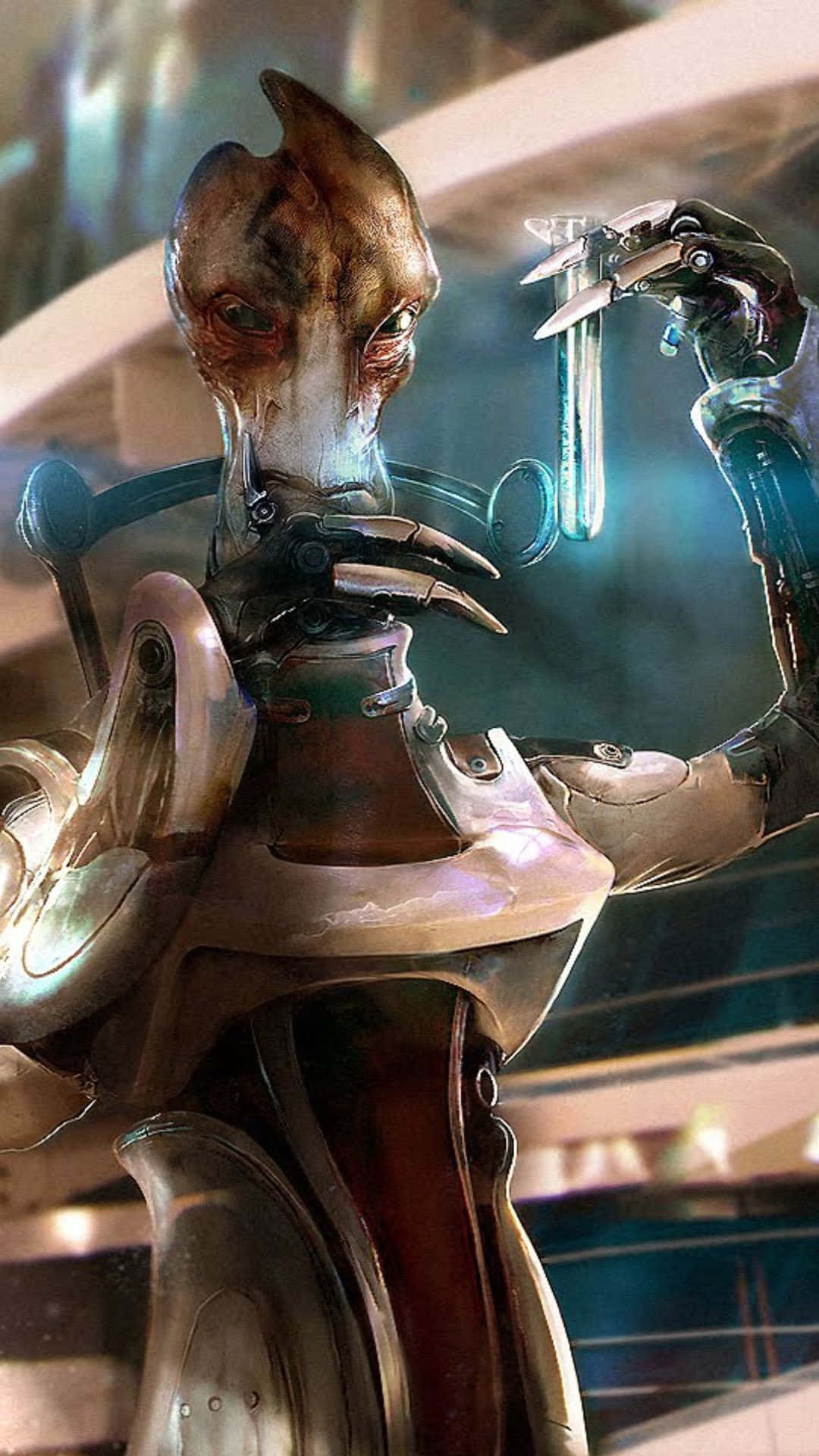 Mordin Solus 桌布 壁紙 — 一個擁有發光眼睛的生物力學外星科學家，在未來實驗室中手持裝滿藍色液體的試管。