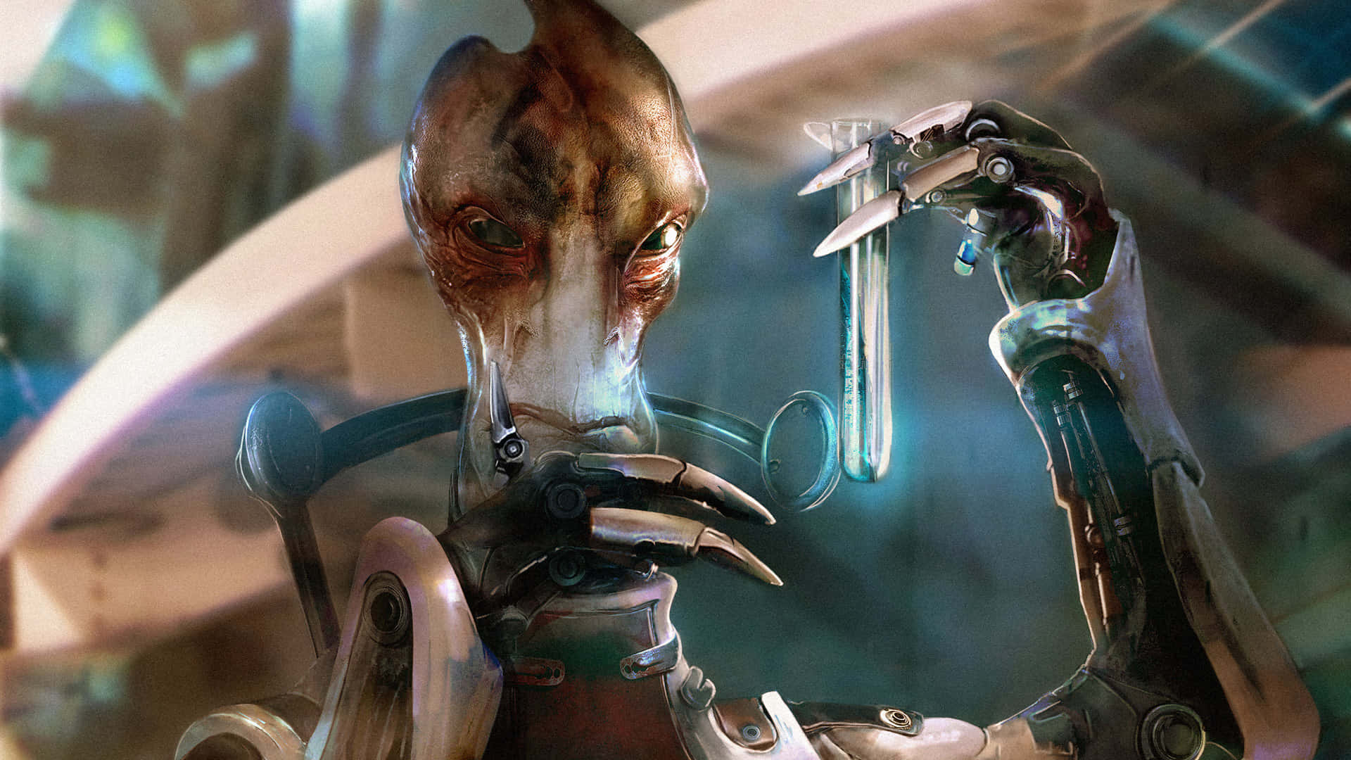 Mordin Solus 桌布 壁紙 — 一個擁有發光眼睛的生物機械外星人在未來實驗室中手持裝滿發光液體的試管。