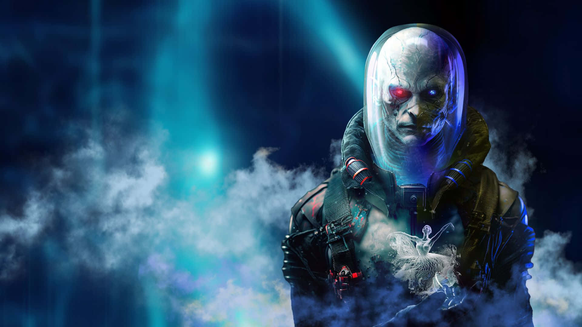Mr Freeze 桌布 壁紙 — 一個擁有發光紅眼和半透明頭盔的網絡戰士，在戲劇性燈光下從旋轉的藍色煙霧中出現。