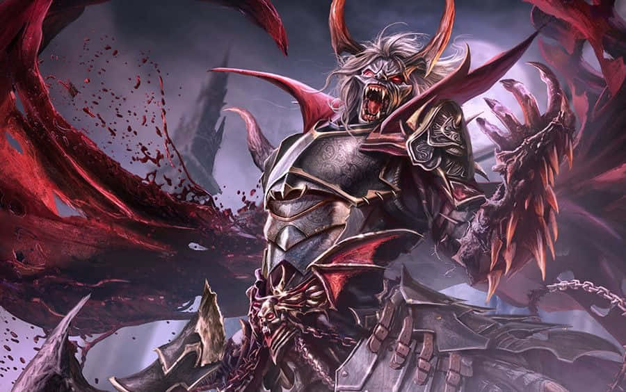 Vampire Lord 桌布 壁紙 — 一個擁有發光紅眼和尖刺盔甲的惡魔戰士在旋轉的深紅色能量和血濺中咆哮。
