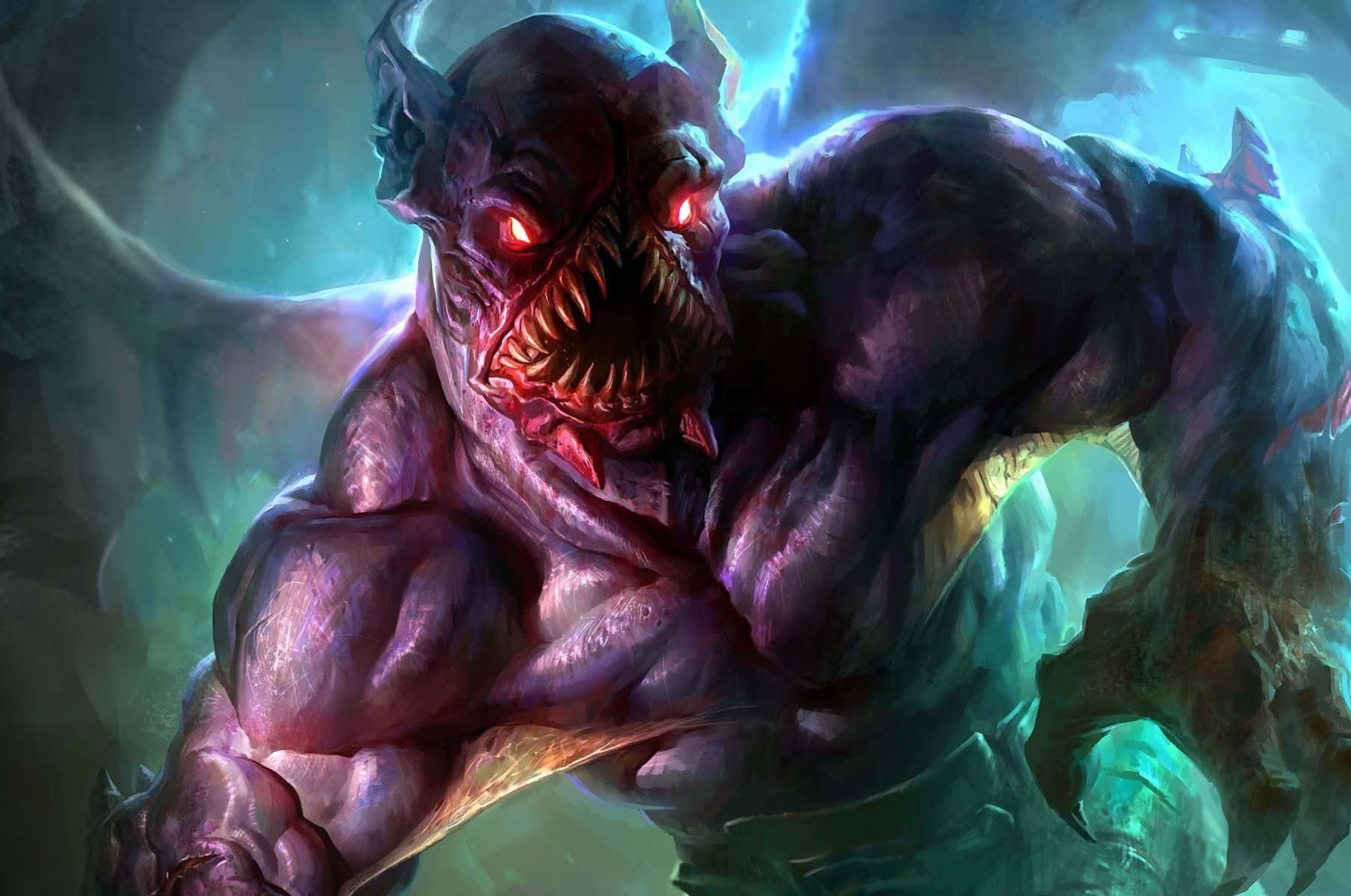 Dota 桌布 壁紙 — 一個擁有發光紅眼和尖銳牙齒的怪物惡魔，在黑暗奇幻插圖中向前猛撲。