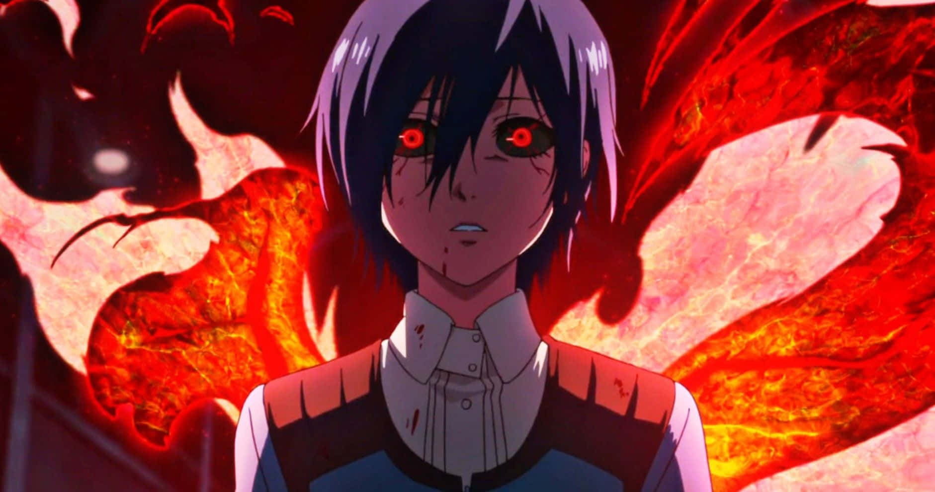 Touka Kirishima 桌布 壁紙 — 一個擁有發光紅眼和白髮的動漫角色站在熾熱的惡魔光環前，襯衫上有血跡。
