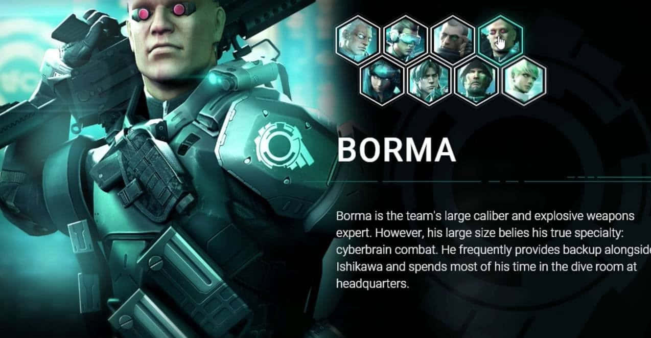 Ghost In The Shell Borma 桌布 壁紙 — 一個擁有發光紅眼和重型裝甲的機械士兵站在一個顯示團隊肖像的未來主義介面中。