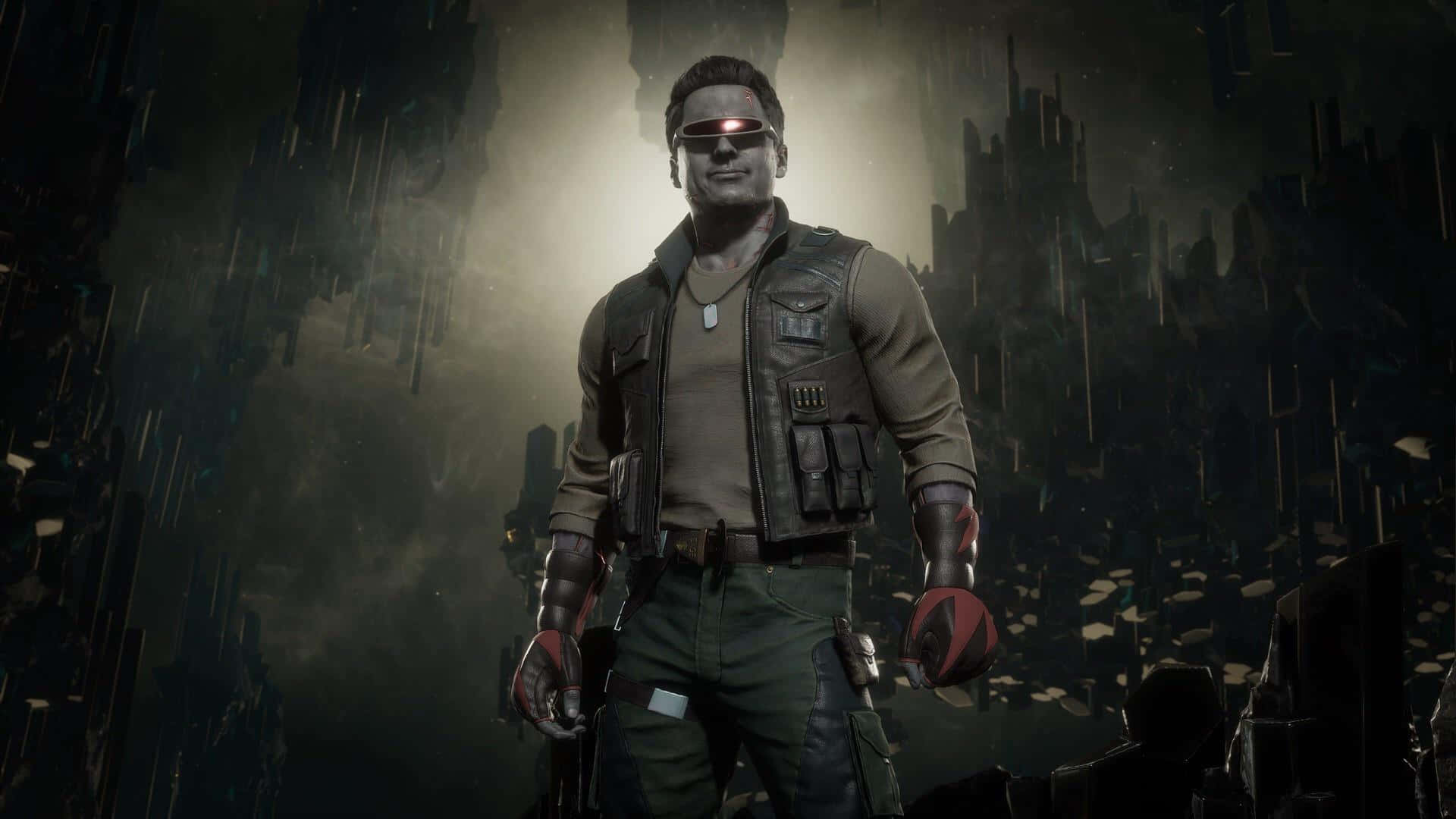 Johnny Cage 桌布 壁紙 — 一個擁有發光紅眼的機械戰士站在雨淋的未來城市景觀中，光線朦朧。