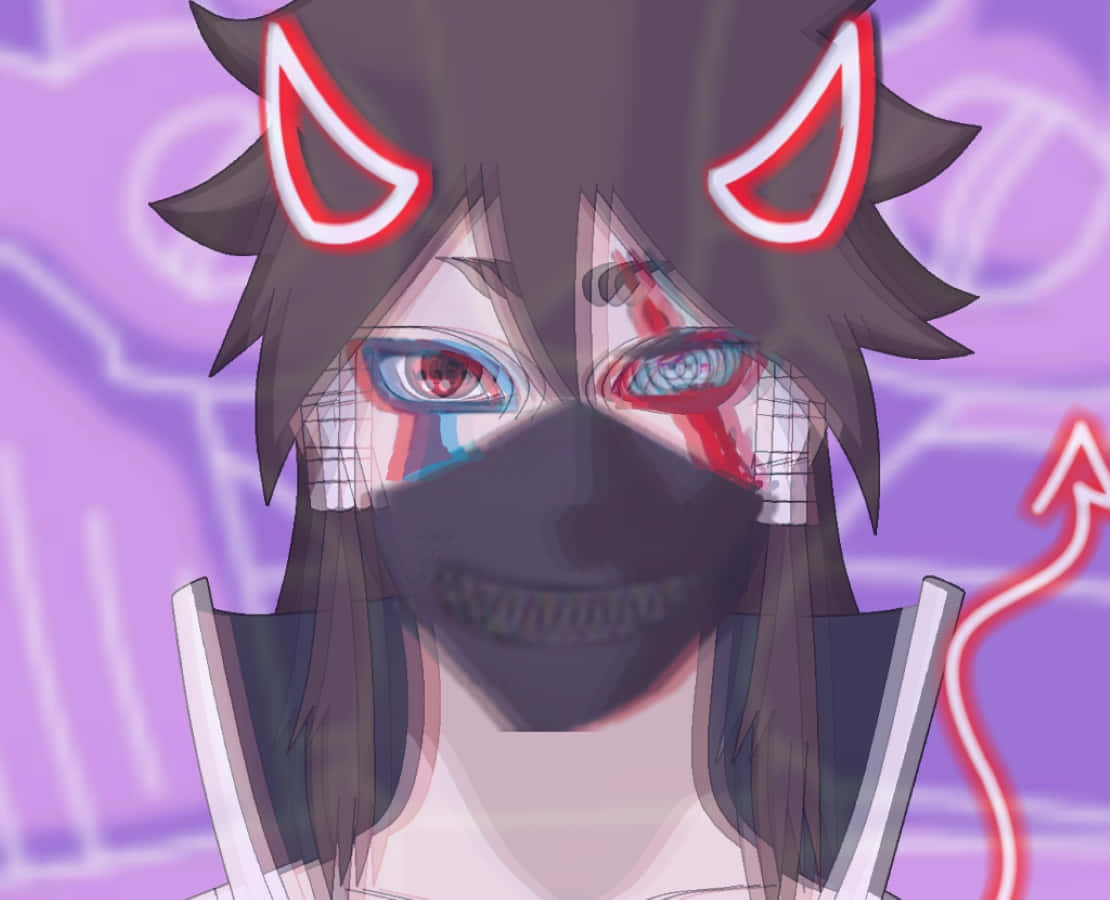 Indra ōtsutsuki 桌布 壁紙 — 一個擁有發光紅色惡魔角和賽博義眼的動漫角色，在霓虹紫色背景下強烈凝視。