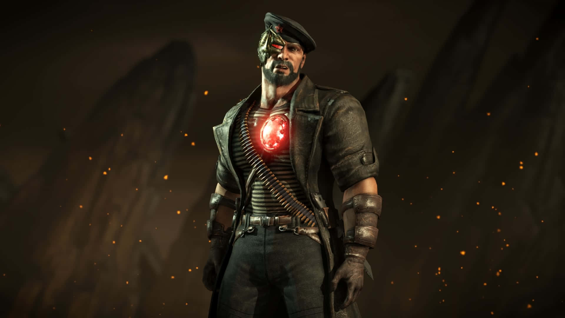 Mortal Kombat Kano 桌布 壁紙 — 一個擁有發光紅色胸部植入物和機械眼睛的網絡士兵，站在黑暗煙霧繚繞的環境中，周圍有漂浮的火星。