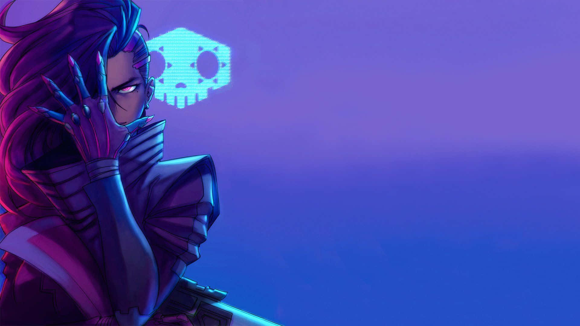 Overwatch Sombra 桌布 壁紙 — 一個擁有發光紫色眼睛和霓虹燈裝甲的賽博朋克動漫角色，在帶有發光骷髏標誌的漸變紫色背景前擺姿勢。