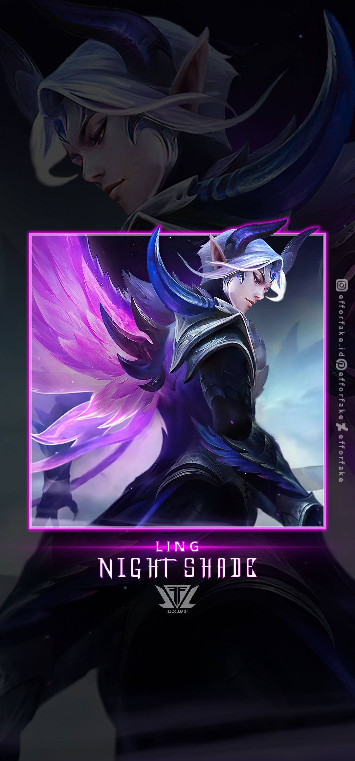 Mobile Legends 桌布 壁紙 — 一個擁有發光紫色翅膀和銀色頭髮的黑暗奇幻動漫角色，站在一個風格化的框架中，背景陰暗。