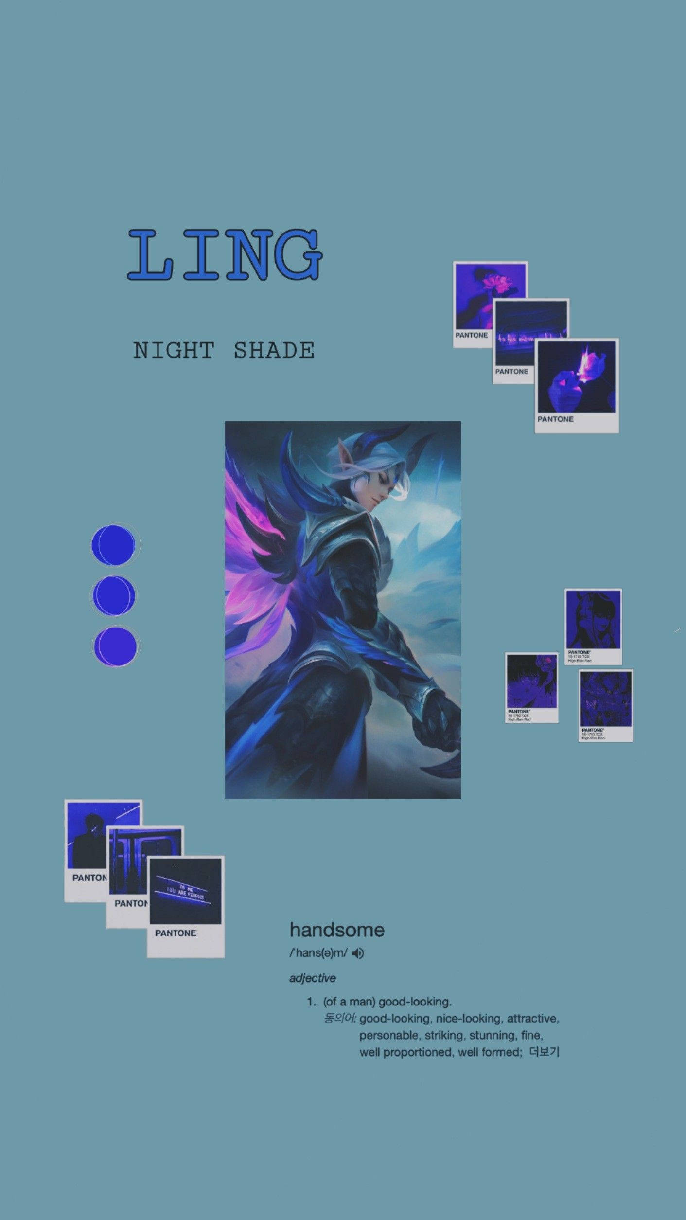 Mobile Legends 桌布 壁紙 — 一個擁有發光紫色翅膀的英俊動漫角色，站在柔和的藍色背景前，周圍環繞著 Pantone 色票。