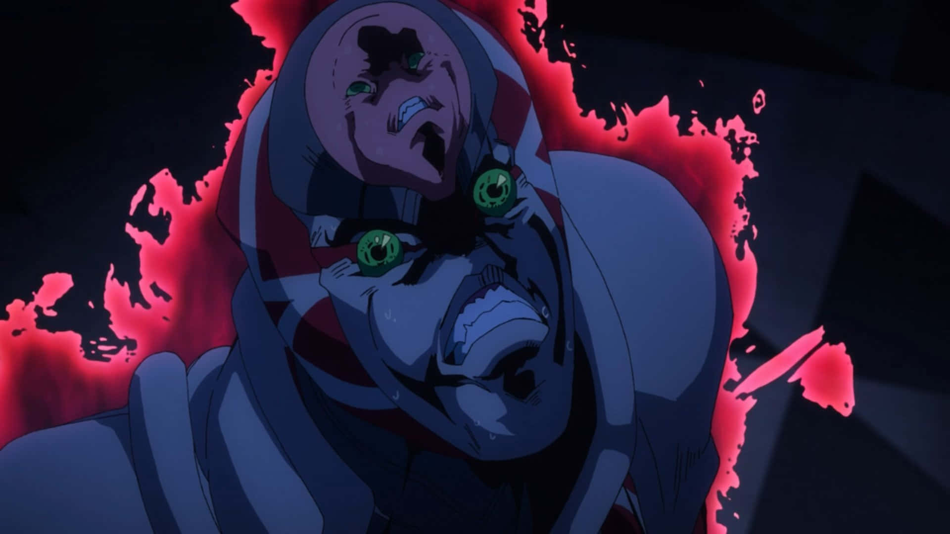 Jojo King Crimson 桌布 壁紙 — 一個擁有發光綠色眼睛和連帽服裝的動漫角色在黑暗背景中尖叫，伴隨著紅色能量爆發。