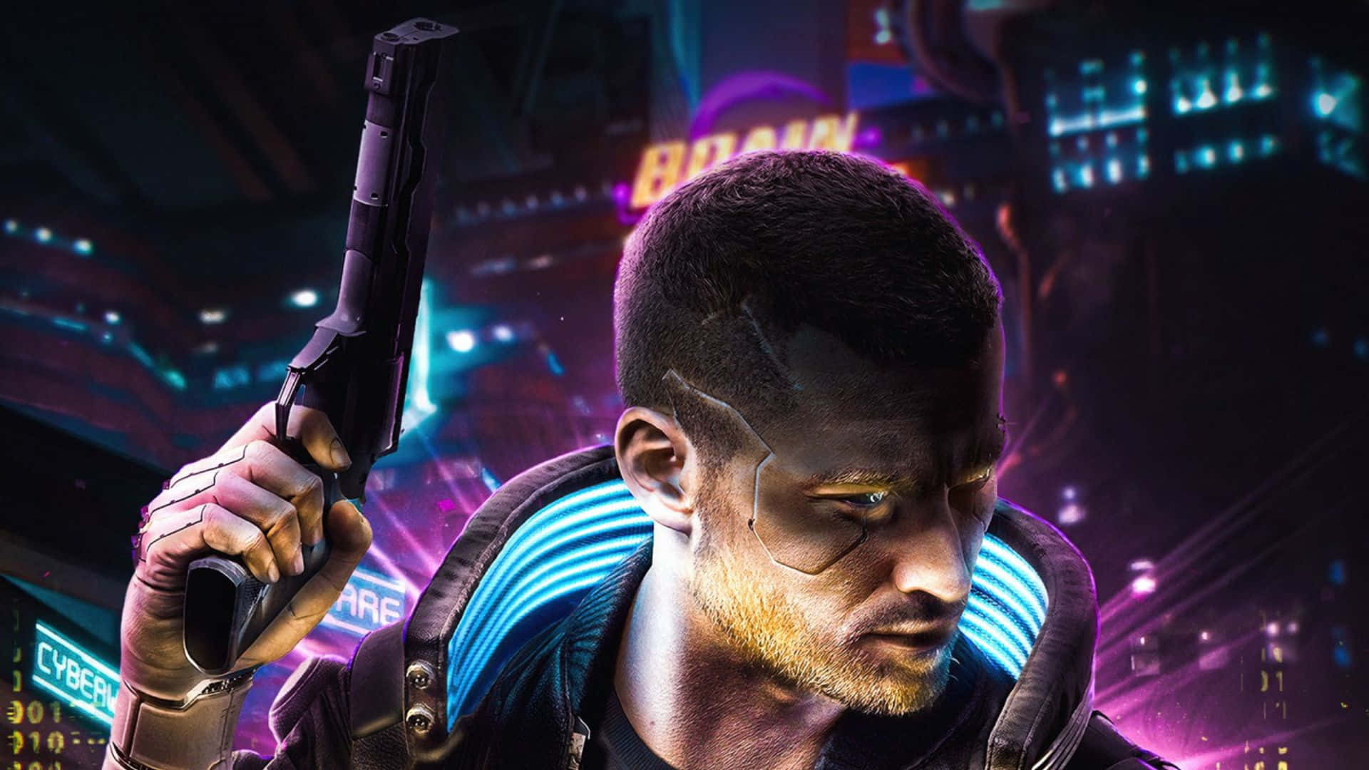 Cyberpunk 2077 Characters 桌布 壁紙 — 一個擁有發光義眼和未來裝甲的賽博龐克戰士，在霓虹燈閃爍的城市景觀中手持手槍。