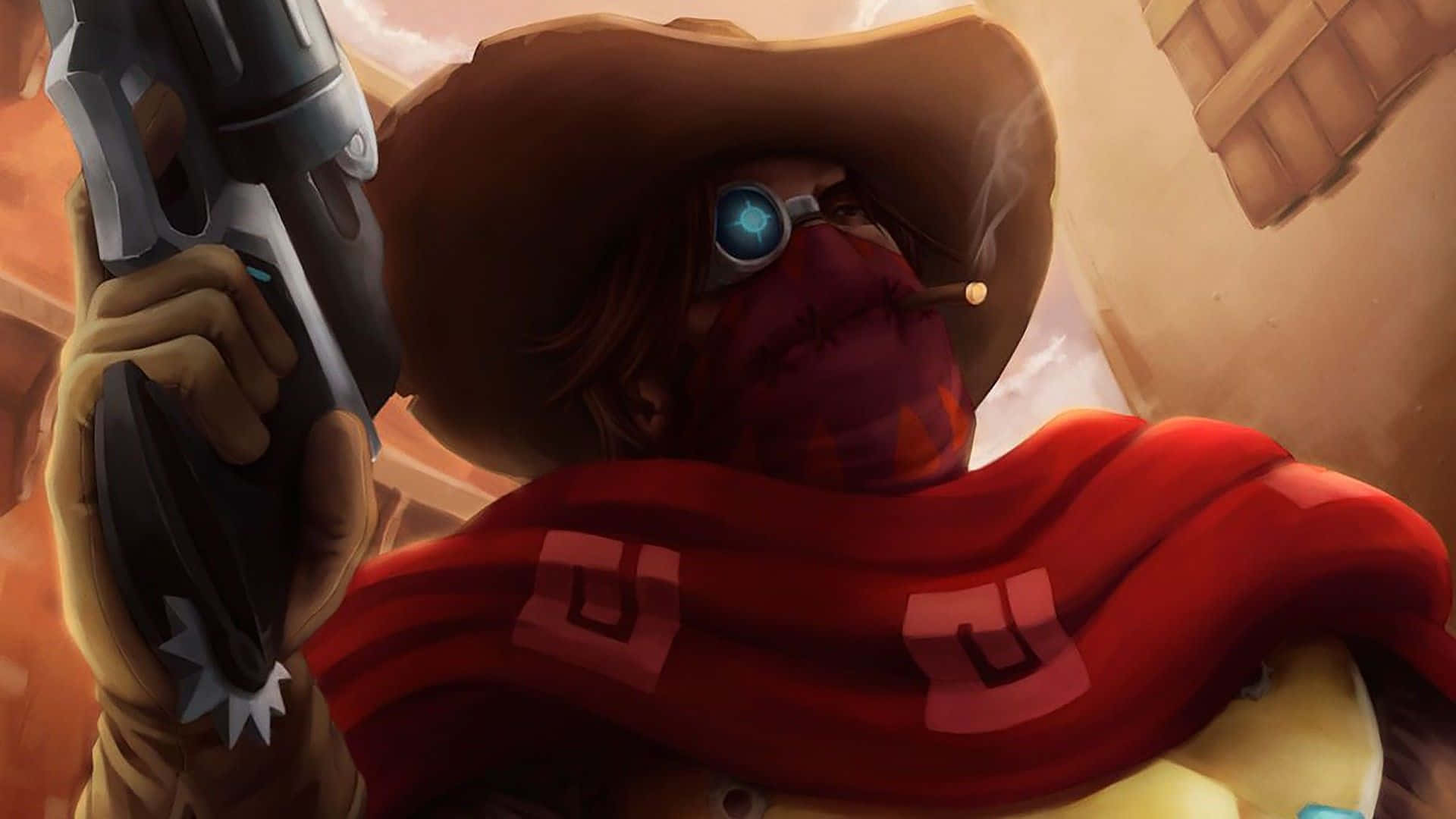 Overwatch Mccree 桌布 壁紙 — 一個擁有發光藍眼睛和紅色圍巾的牛仔，在塵土飛揚的西部場景中手持左輪手槍。