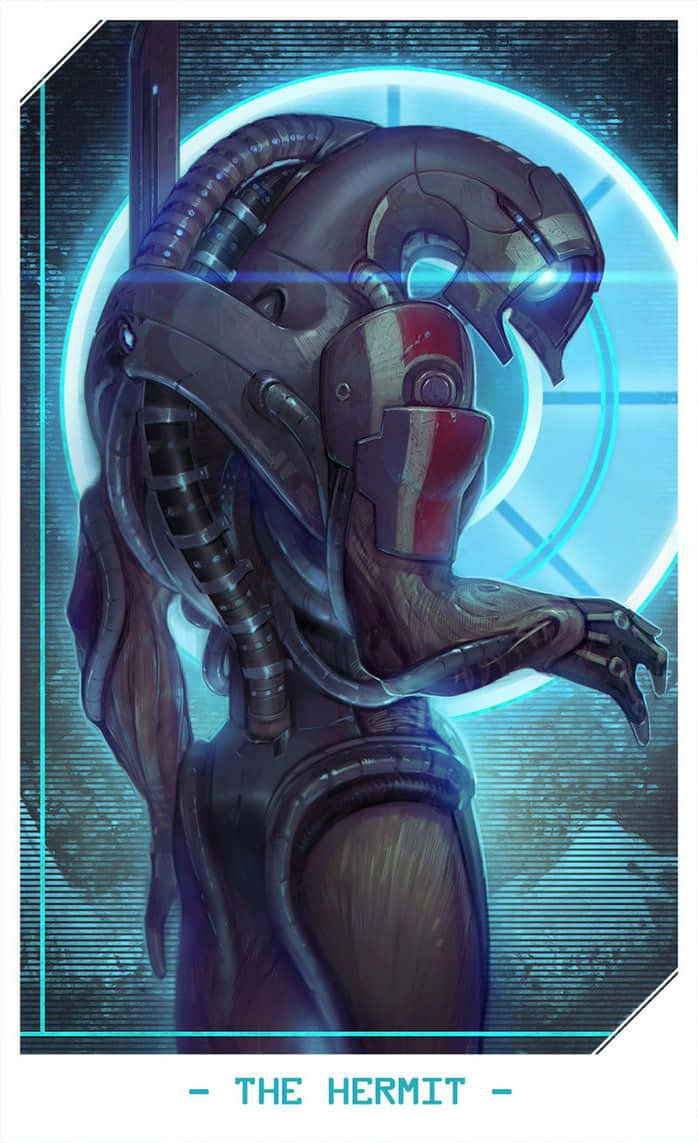 Mass Effect Legion 桌布 壁紙 — 一個擁有發光藍色眼睛和機械肢體的網絡隱士，站在數位環境中的未來圓形傳送門前。