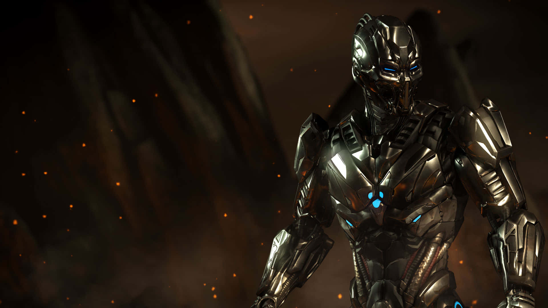 Mortal Kombat Triborg 桌布 壁紙 — 一個擁有發光藍色眼睛和胸部燈光的未來裝甲戰士，站在一個黑暗煙霧繚繞、漂浮著餘燼的環境中。