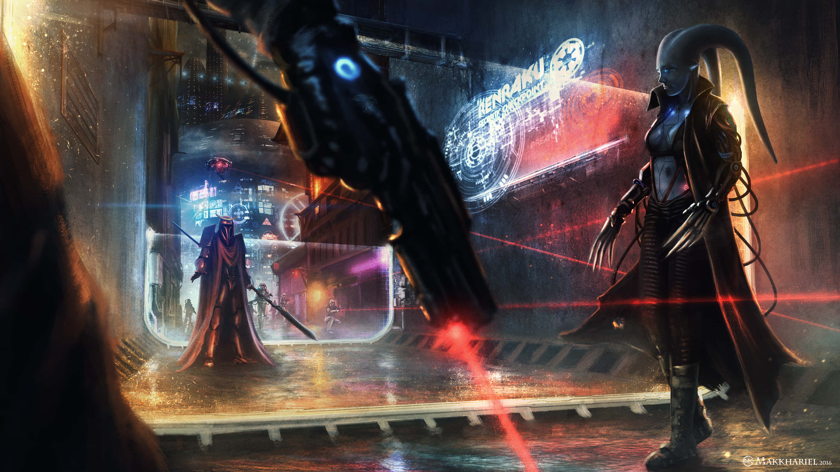 Twi'lek 桌布 壁紙 — 一個擁有發光藍色眼睛和長外套的賽博龐克戰士站在霓虹燈小巷中，手持未來武器。