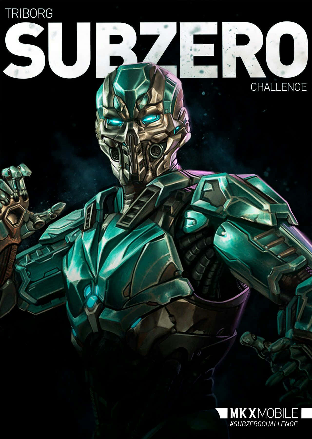 Mortal Kombat Triborg 桌布 壁紙 — 一個擁有發光藍色眼睛和青色盔甲的機械戰士，站在黑暗的宇宙背景前。