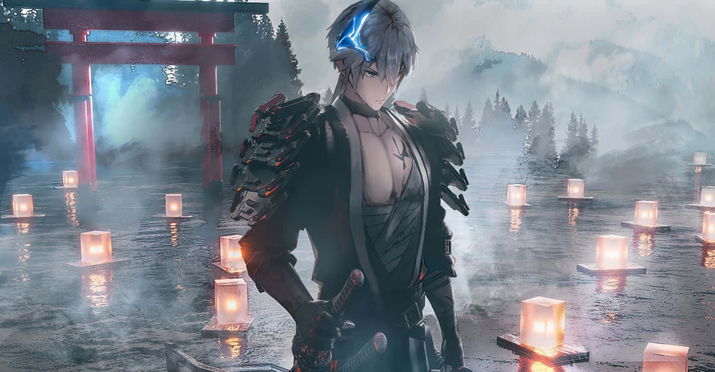 Ronin 桌布 壁紙 — 一個擁有發光藍色頭髮的賽博龐克動漫戰士，站在霧氣瀰漫的水中，旁邊是紅色鳥居，周圍漂浮著燈籠。