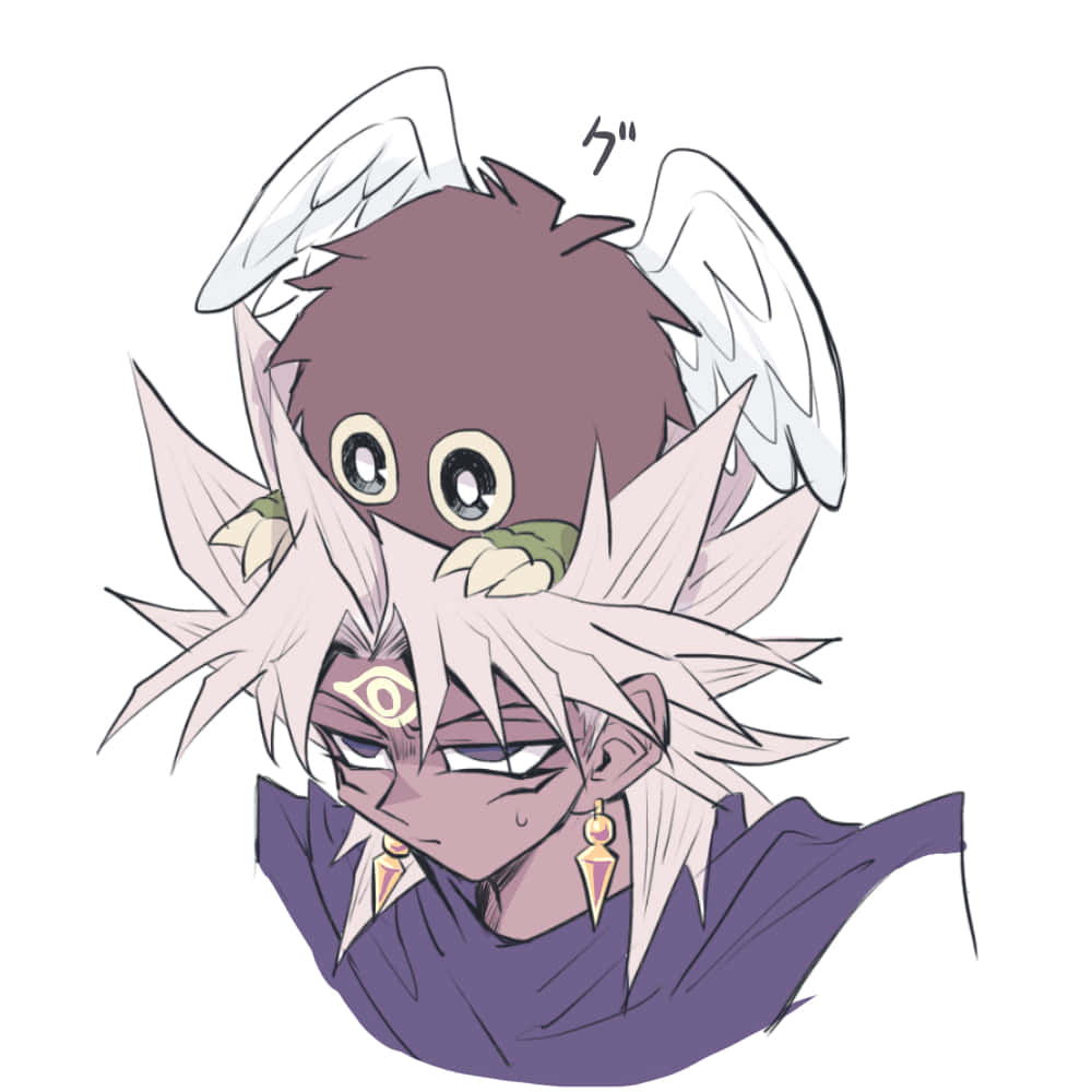 Marik Ishtar 桌布 壁紙 — 一個擁有白色尖刺頭髮和天使翅膀的Q版動漫角色，抱著一隻大眼睛的棕色小生物。