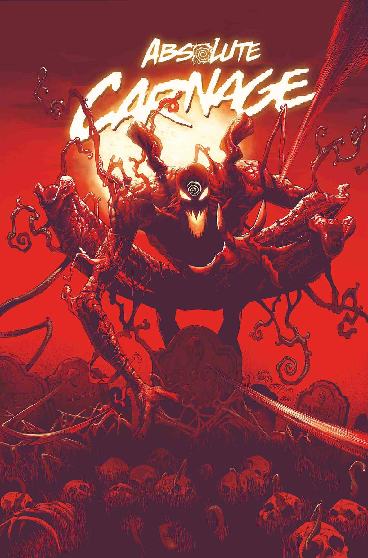 Maximum Carnage 桌布 壁紙 — 一個擁有眾多肢體和發光白色眼睛的 monstrous 紅色共生體生物，在火紅背景上籠罩著頭骨。