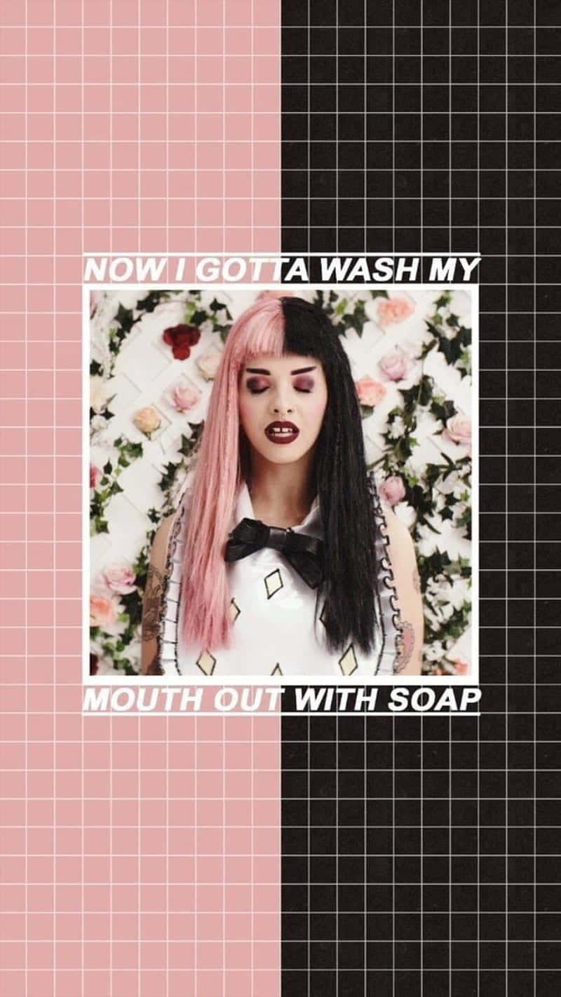 Melanie Martinez 桌布 壁紙 — 一個擁有粉紅和黑色頭髮及大膽妝容的人站在花卉背景前，背景由粉紅和黑色網格圖案及文字疊加框住。