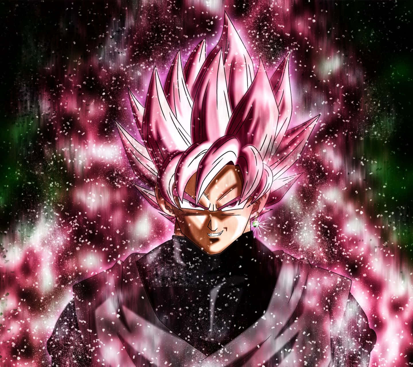 動漫角色，粉紅色頭髮和黑色服裝，在宇宙背景下發光。 — 格古達黑 壁紙
