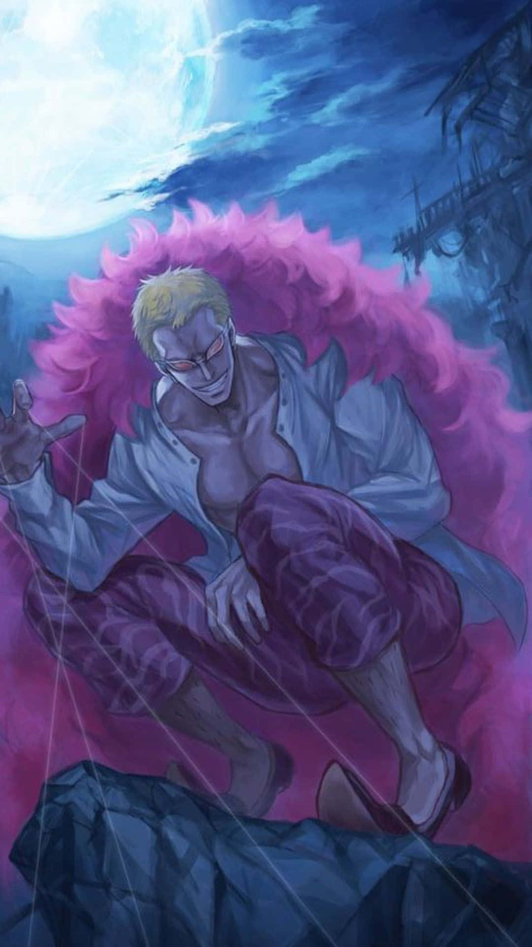 Donquixote Doflamingo 桌布 壁紙 — 一個擁有粉紅色頭髮和紅色眼睛的強大動漫角色，在黑暗奇幻場景中蹲在一塊岩石上，下方是發光的月亮。