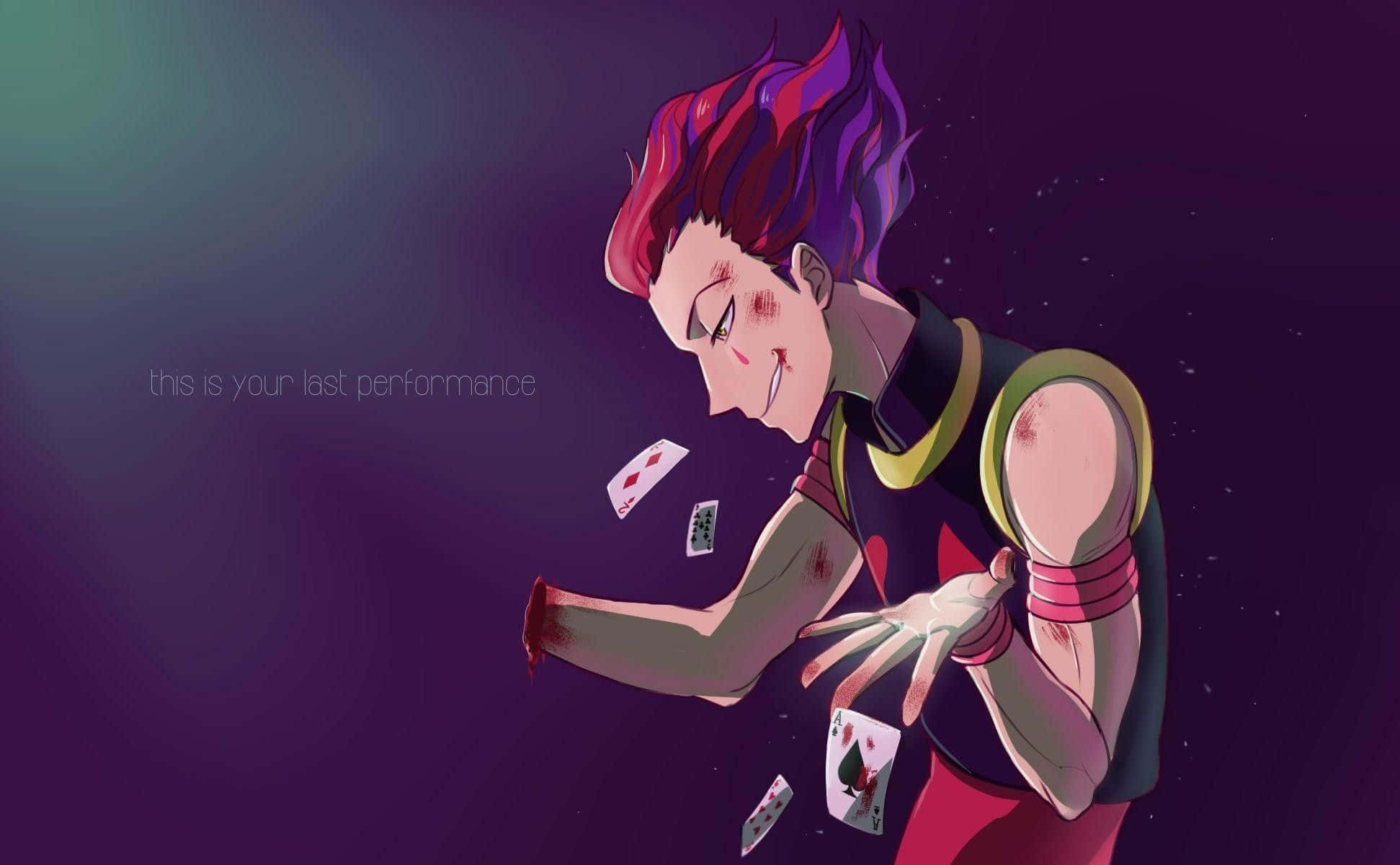 Hisoka Morow 桌布 壁紙 — 一個擁有紅色和紫色尖刺頭髮的動漫角色，在深紫色宇宙背景下戲劇性地拋擲撲克牌。