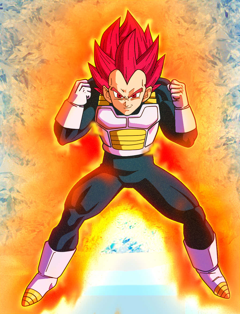 Vegeta Super Saiyan God 桌布 壁紙 — 一個擁有紅色尖刺頭髮和發光光環的強大動漫戰士，以戰鬥姿勢站在火熱的橙色和藍色背景前。