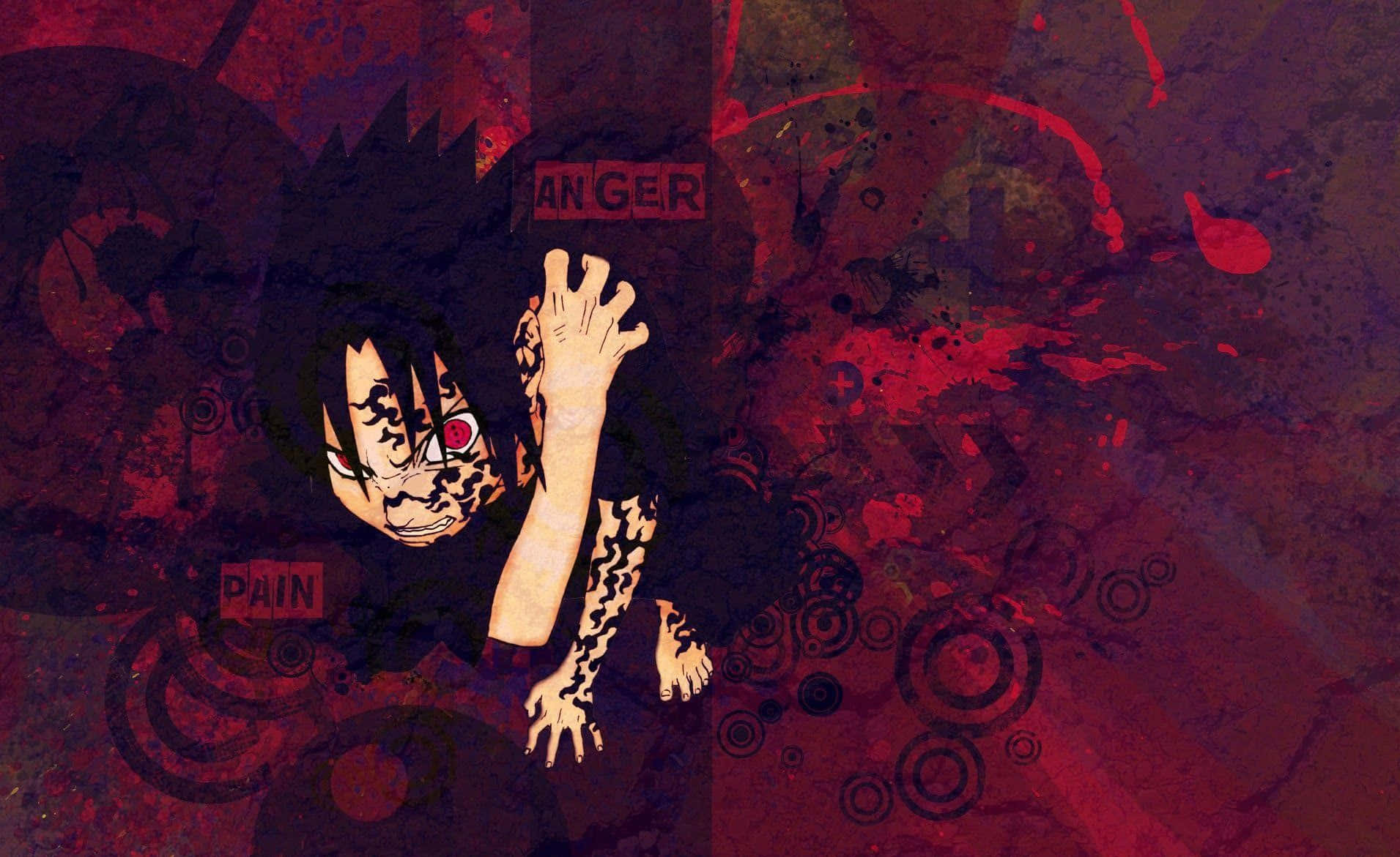 Sasuke Uchiha Cursed Mark 桌布 壁紙 — 一個擁有紅色眼睛和黑色標記的動漫角色，在帶有憤怒和痛苦字樣的深紅色潑濺背景前伸出手。