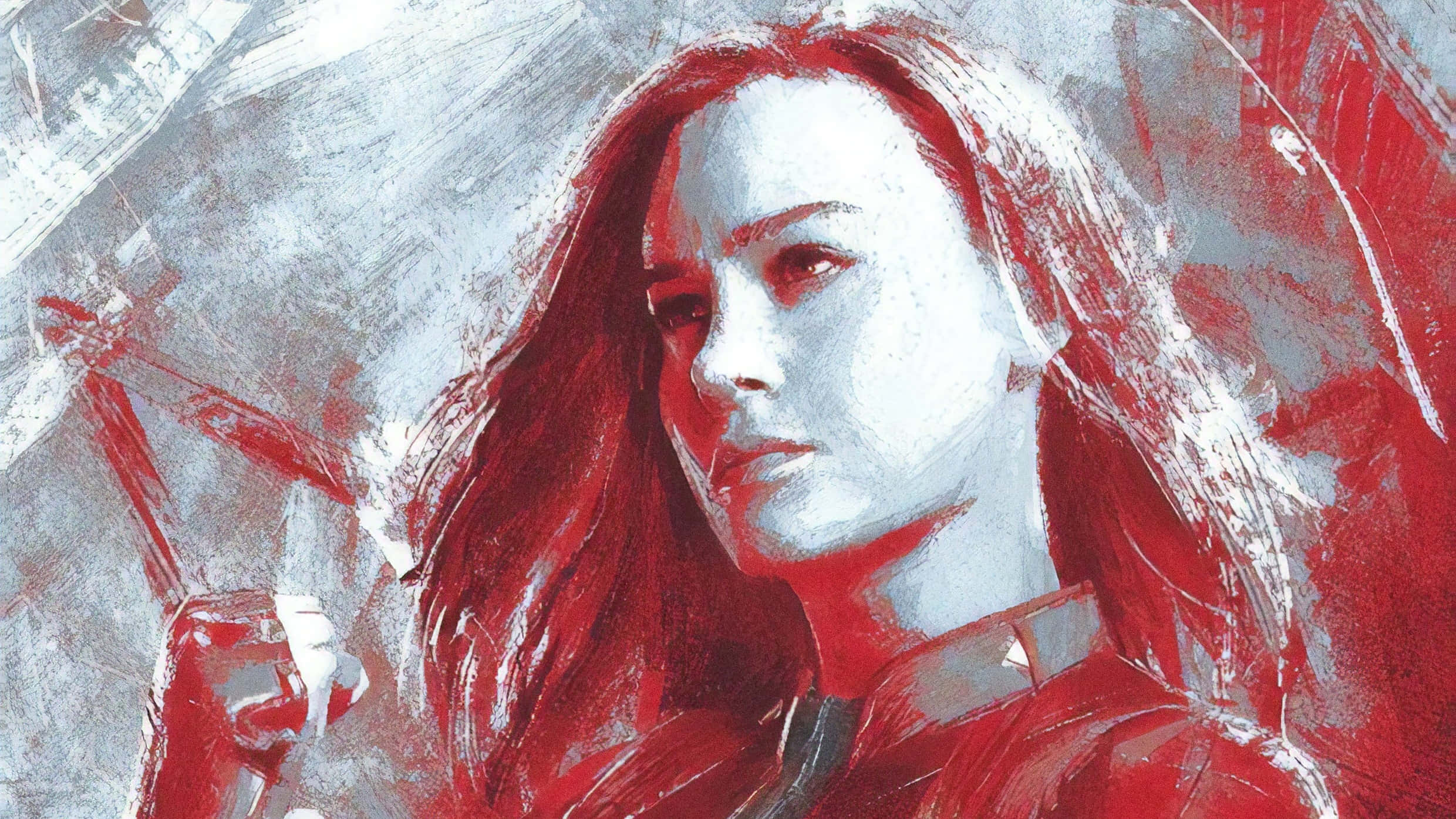 brie larson 桌布 壁紙 — 一個擁有紅髮和紅色盔甲的兇猛女人，在混亂的紅色和灰色背景下專注地凝視。