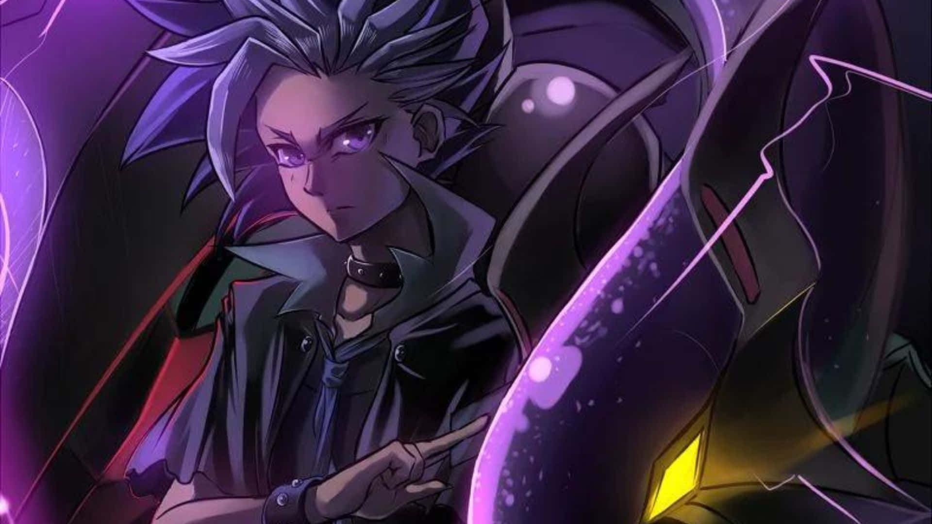 Yu-gi-oh Yuto 桌布 壁紙 — 一個擁有紫色眼睛、穿著深色外套、頭髮豎起的動漫角色，以戲劇性的姿勢引導發光的紫色能量。