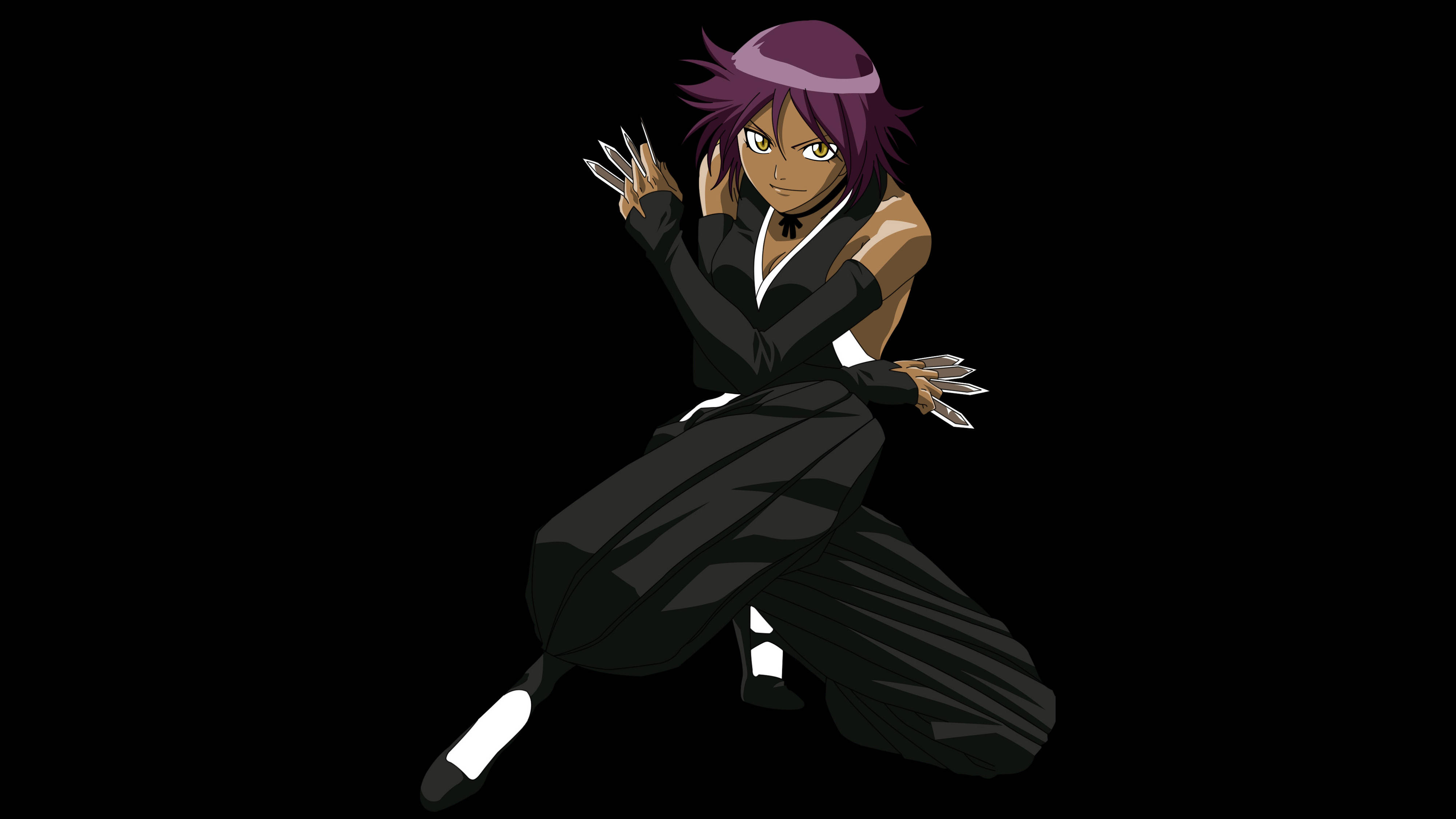 Bleach Anime 桌布 壁紙 — 一個擁有紫色頭髮和爪子的動漫角色，在黑色背景前以戰鬥姿勢蹲伏。