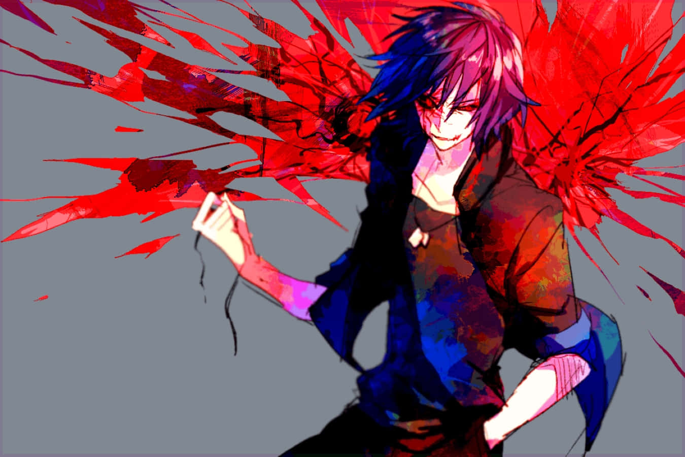 Ayato Kirishima 桌布 壁紙 — 一個擁有紫色頭髮和紅色翅膀的動漫角色，在灰色背景前擺出動態姿勢。