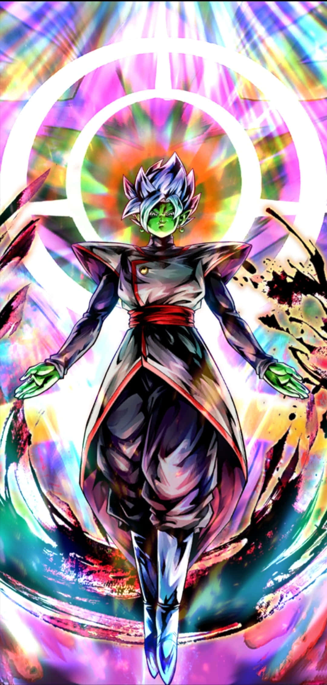 Dragon Ball Legends 桌布 壁紙 — 一個擁有綠色皮膚和尖刺頭髮的強大動漫角色，在充滿活力的宇宙光環中散發能量。