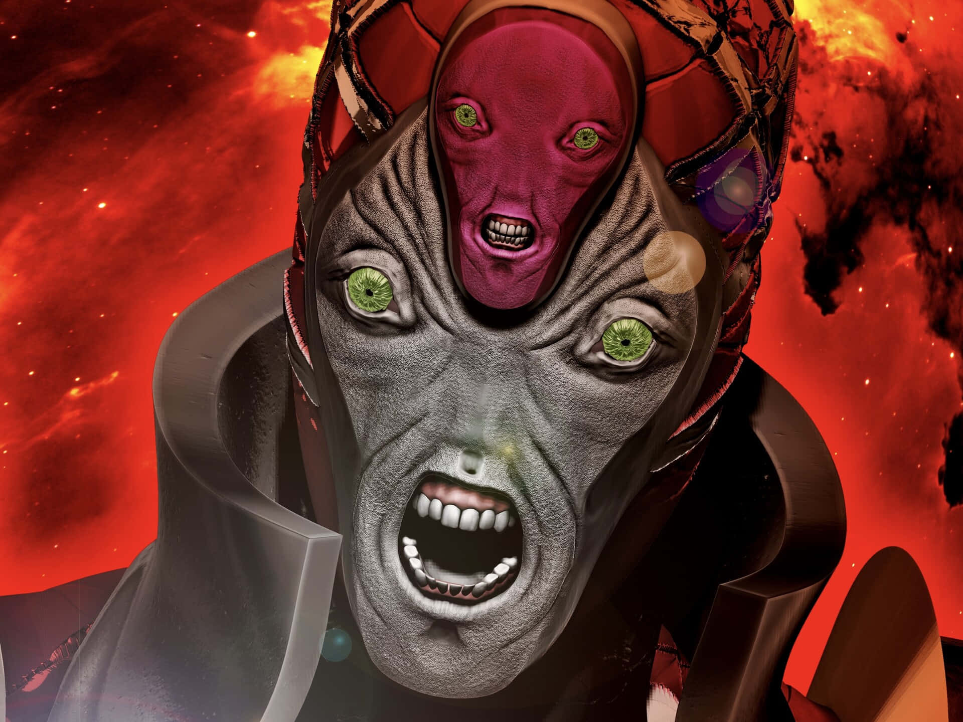 Jojo King Crimson 桌布 壁紙 — 一個擁有綠色眼睛和尖叫面孔的怪異外星人從火紅色的星雲中出現。