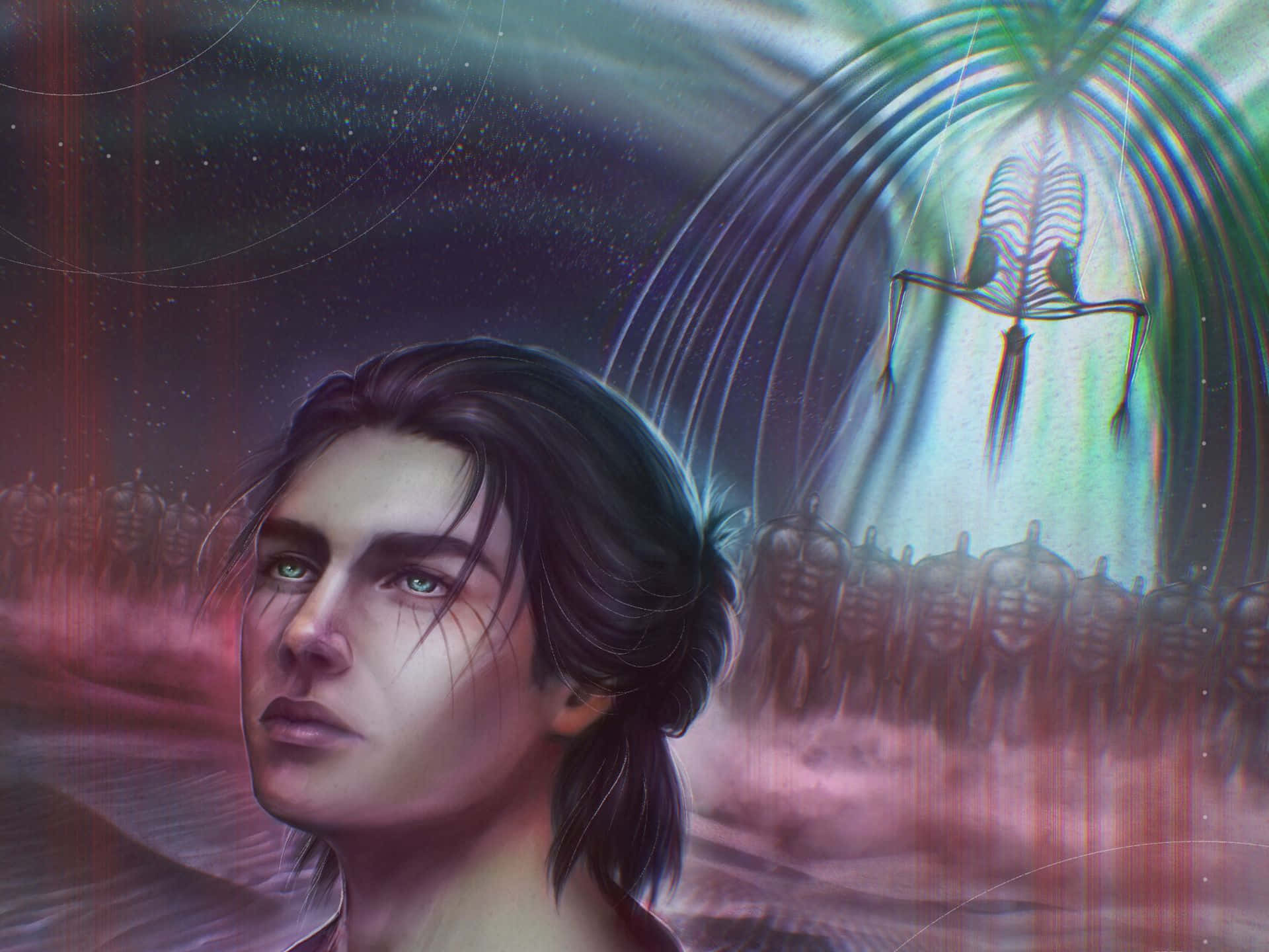 Founding Titan 桌布 壁紙 — 一個擁有綠色眼睛的年輕人向上凝視，發光的骷髏形狀從他們身後的宇宙漩渦中浮現。