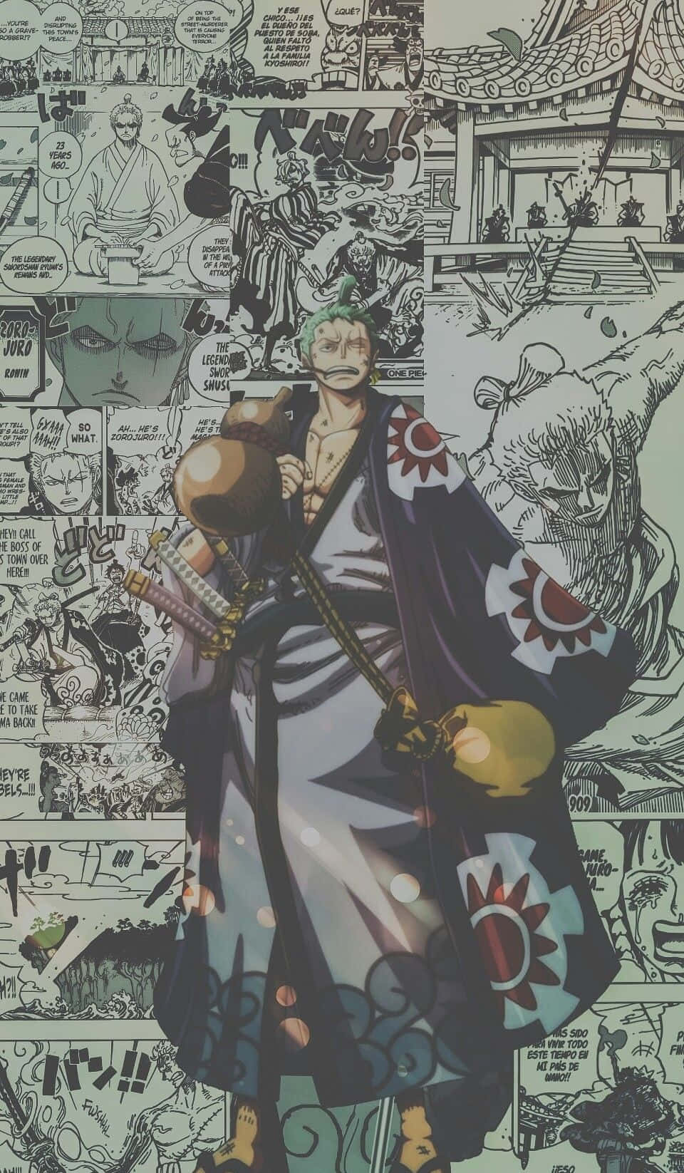 One Piece Manga 桌布 壁紙 — 一個擁有綠色頭髮和劍的漫畫風格動漫角色，在漫畫格拼貼背景中居中站立。