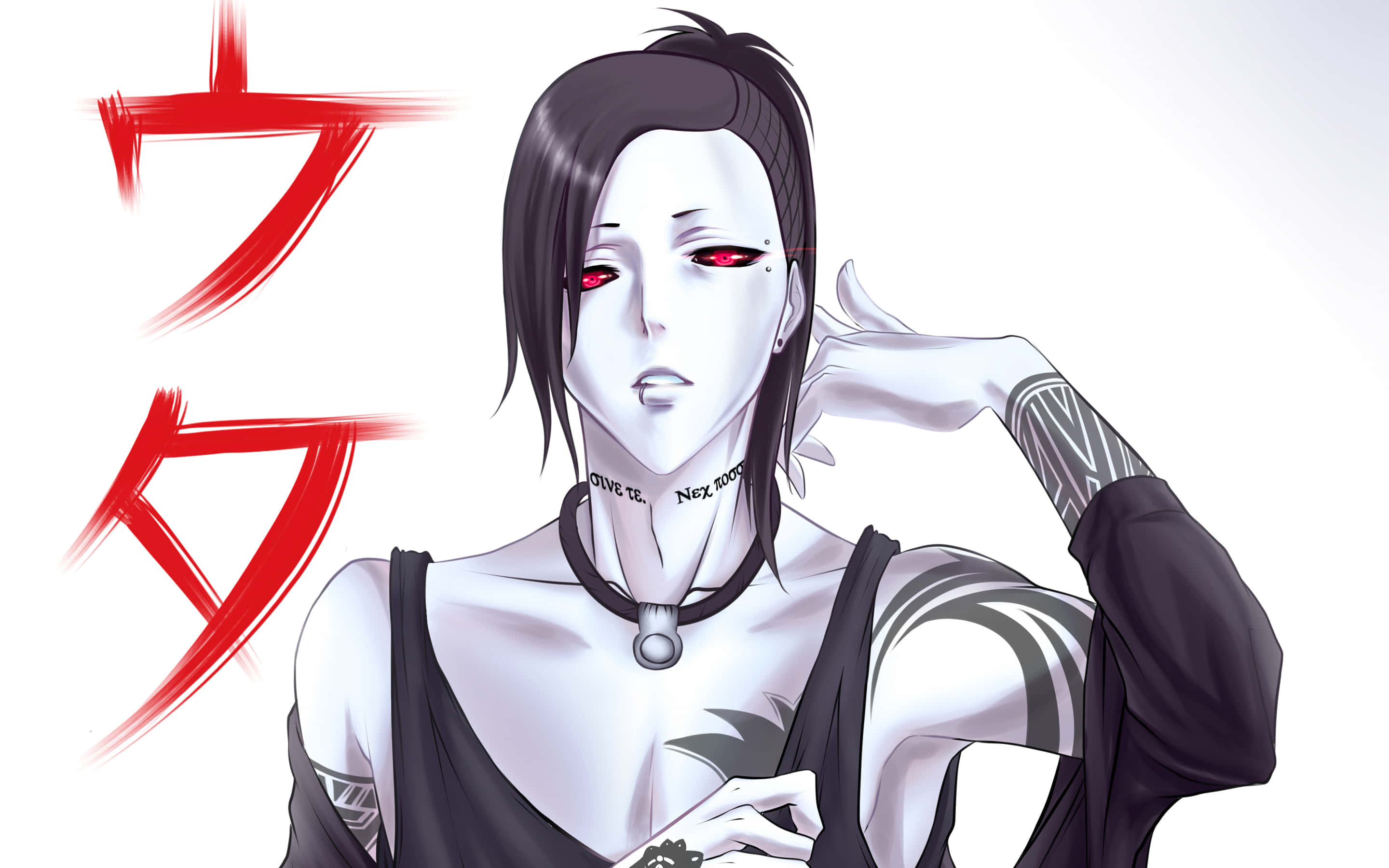 Tokyo Ghoul Uta 桌布 壁紙 — 一個擁有蒼白皮膚、紅眼睛和黑髮的動漫角色，在白色背景上以粗體紅色漢字筆劃擺姿勢。