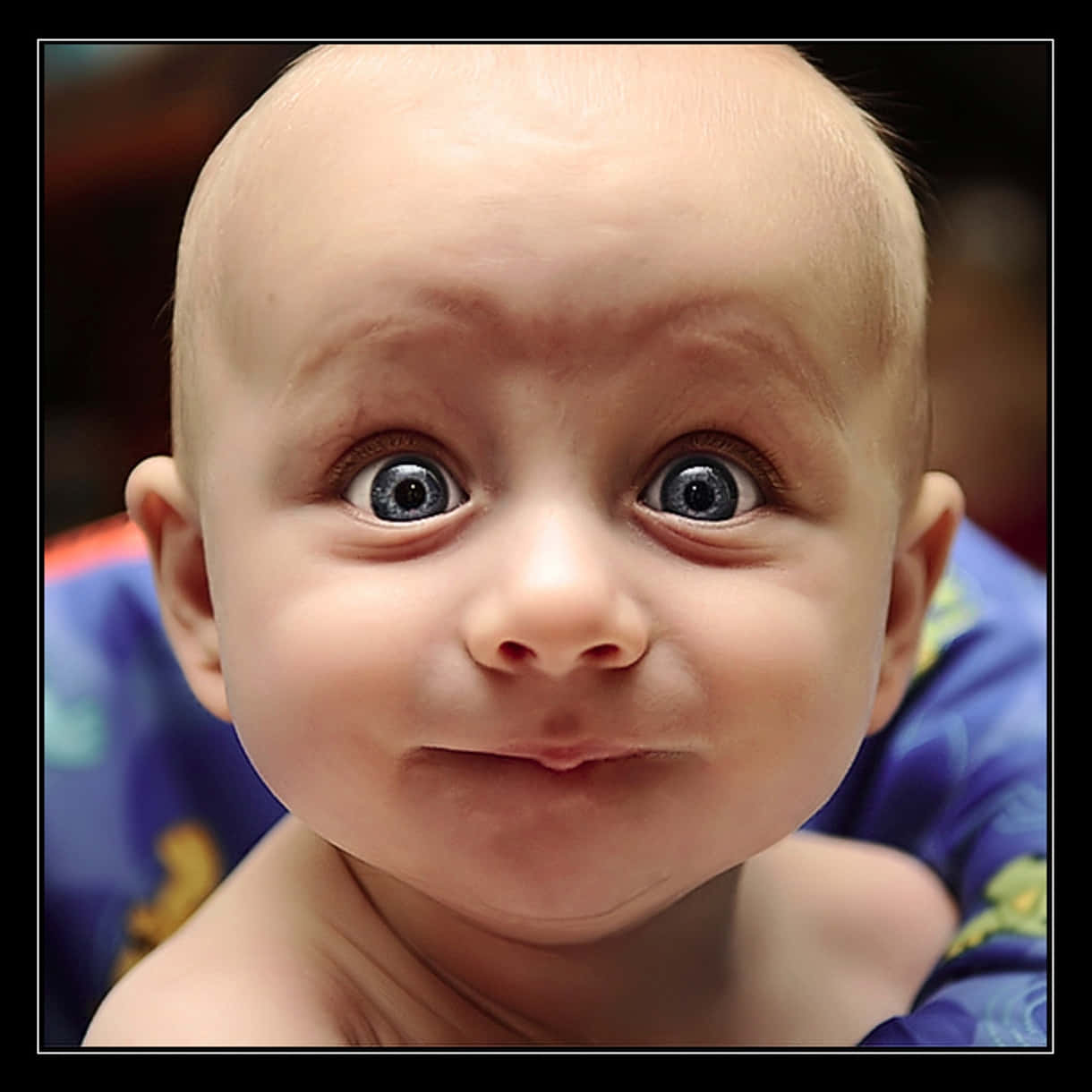 Funny Faces 桌布 壁紙 — 一個擁有藍色大眼睛和好奇笑容的嬰兒特寫，直視鏡頭。