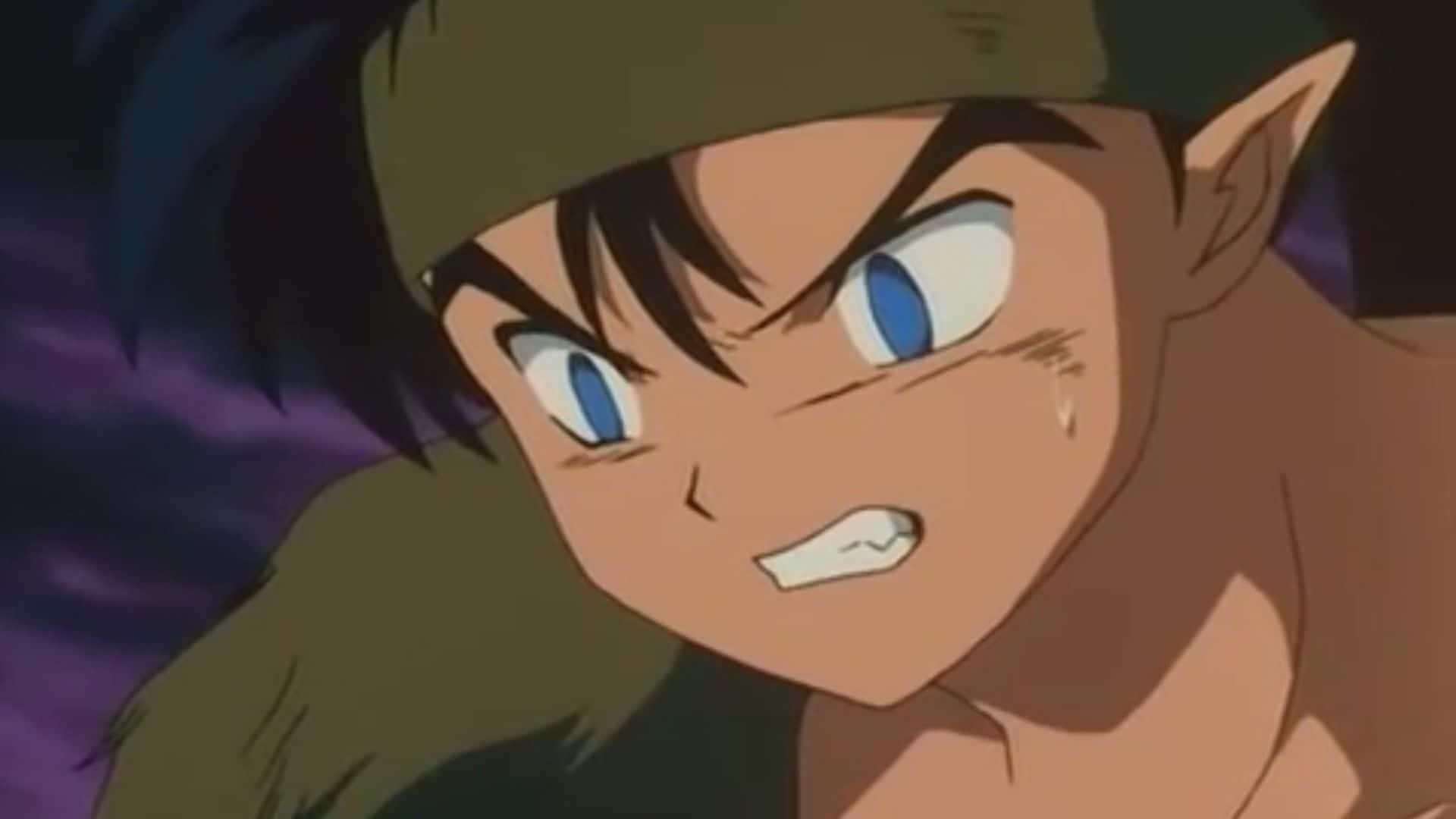 Inuyasha Koga 桌布 壁紙 — 一個擁有藍色眼睛和尖耳朵的動漫角色，在深紫色天空下咬緊牙關，充滿決心。