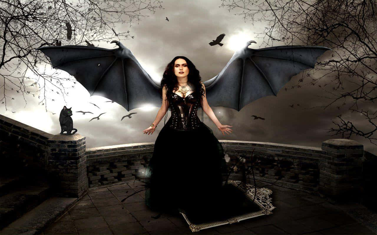 Gothic Fashion 桌布 壁紙 — 一個擁有蝙蝠翅膀的女人站在石頭露台上，天空風暴來臨，附近有烏鴉和一隻黑貓。