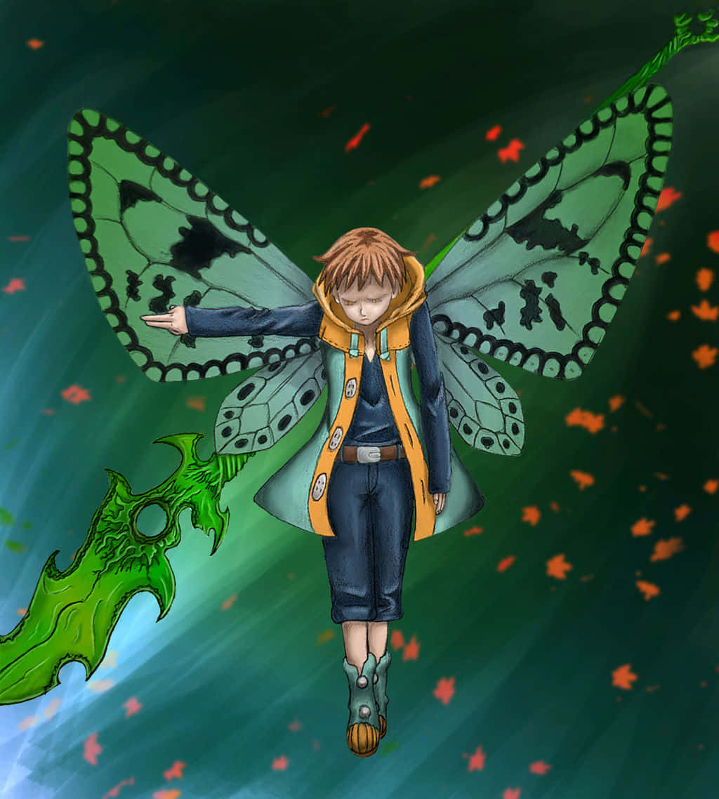 Seven Deadly Sins King 桌布 壁紙 — 一個擁有蝴蝶翅膀的小男孩在飄落的橙色樹葉中漂浮，手持一把綠色劍，背景是旋轉的藍綠色和深綠色。
