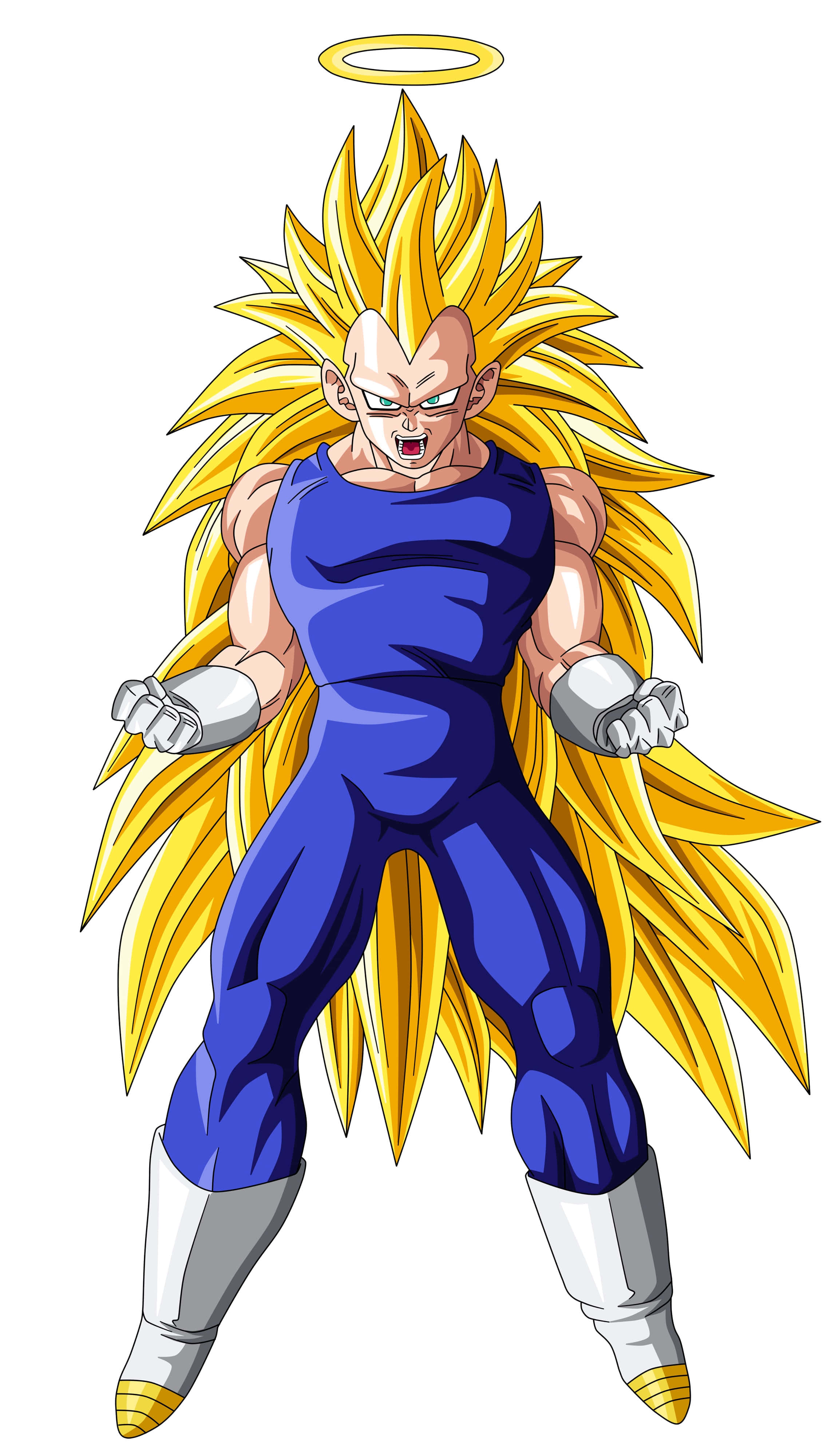 Vegeta Super Saiyan 3 桌布 壁紙 — 一個擁有金色尖刺頭髮和光環的強大動漫角色，穿著藍白色盔甲，擺出戰鬥姿勢。