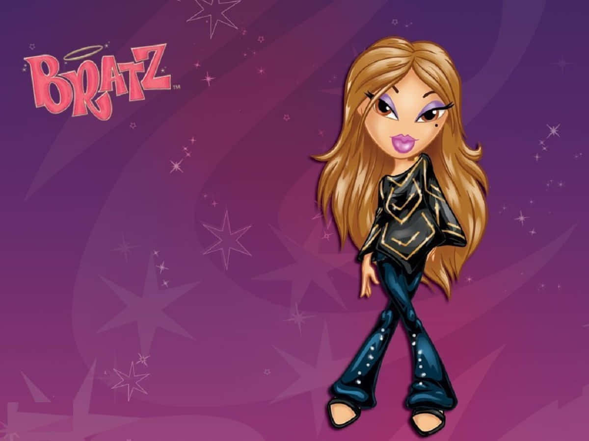貝茲娃娃 桌布 壁紙 — 一個擁有金色長髮和紫色眼睛的 Bratz 公仔，自信地站在星光點點的紫色背景前。