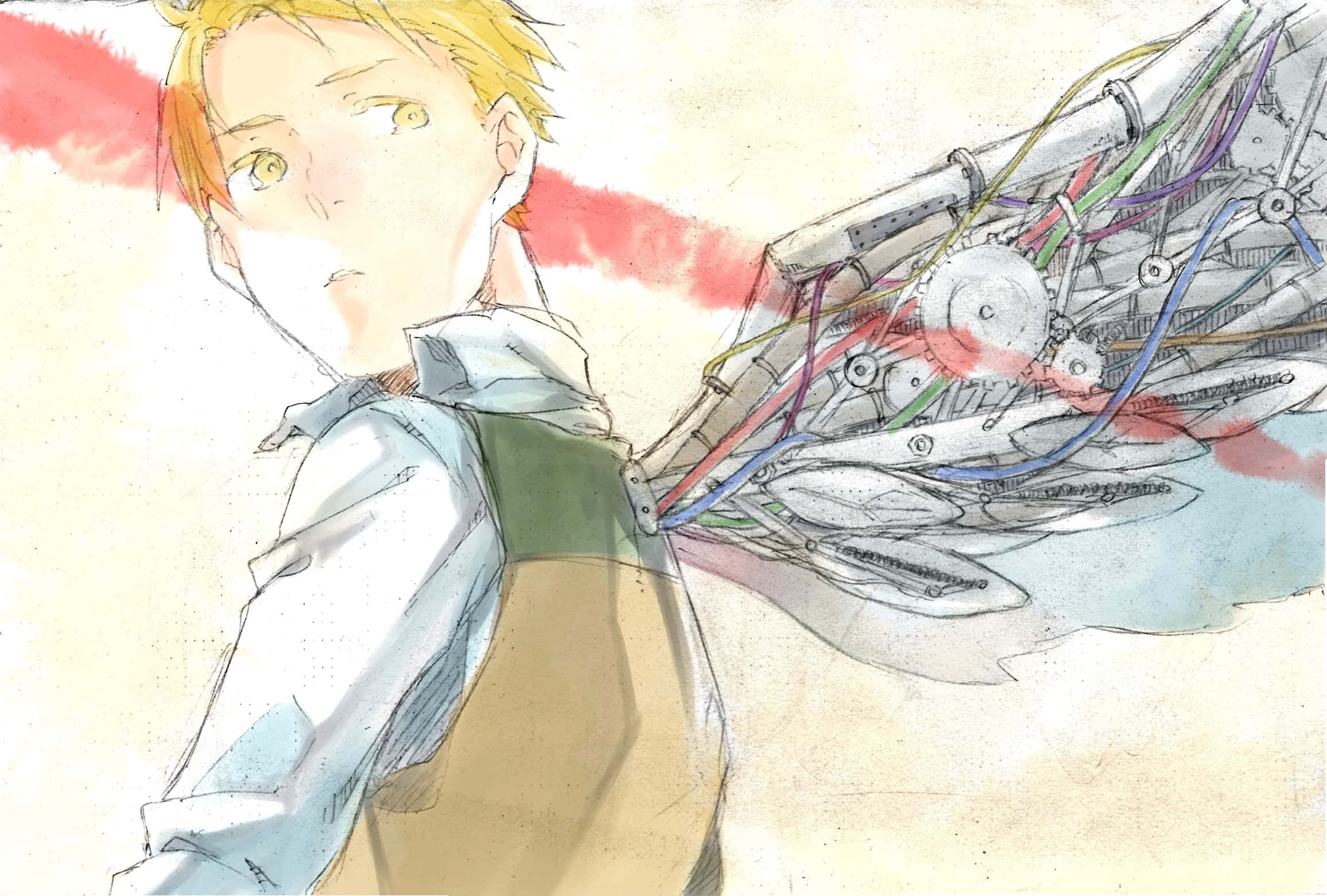 Alphonse Elric 桌布 壁紙 — 一個擁有金色頭髮和機械翅膀的年輕動漫男孩，在柔軟紋理背景前散發著紅色能量。