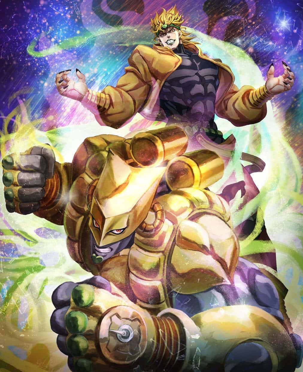 Dio The World 桌布 壁紙 — 一個擁有金色頭髮的強大動漫角色，騎著一隻巨大的金色裝甲生物，背景是宇宙星空。