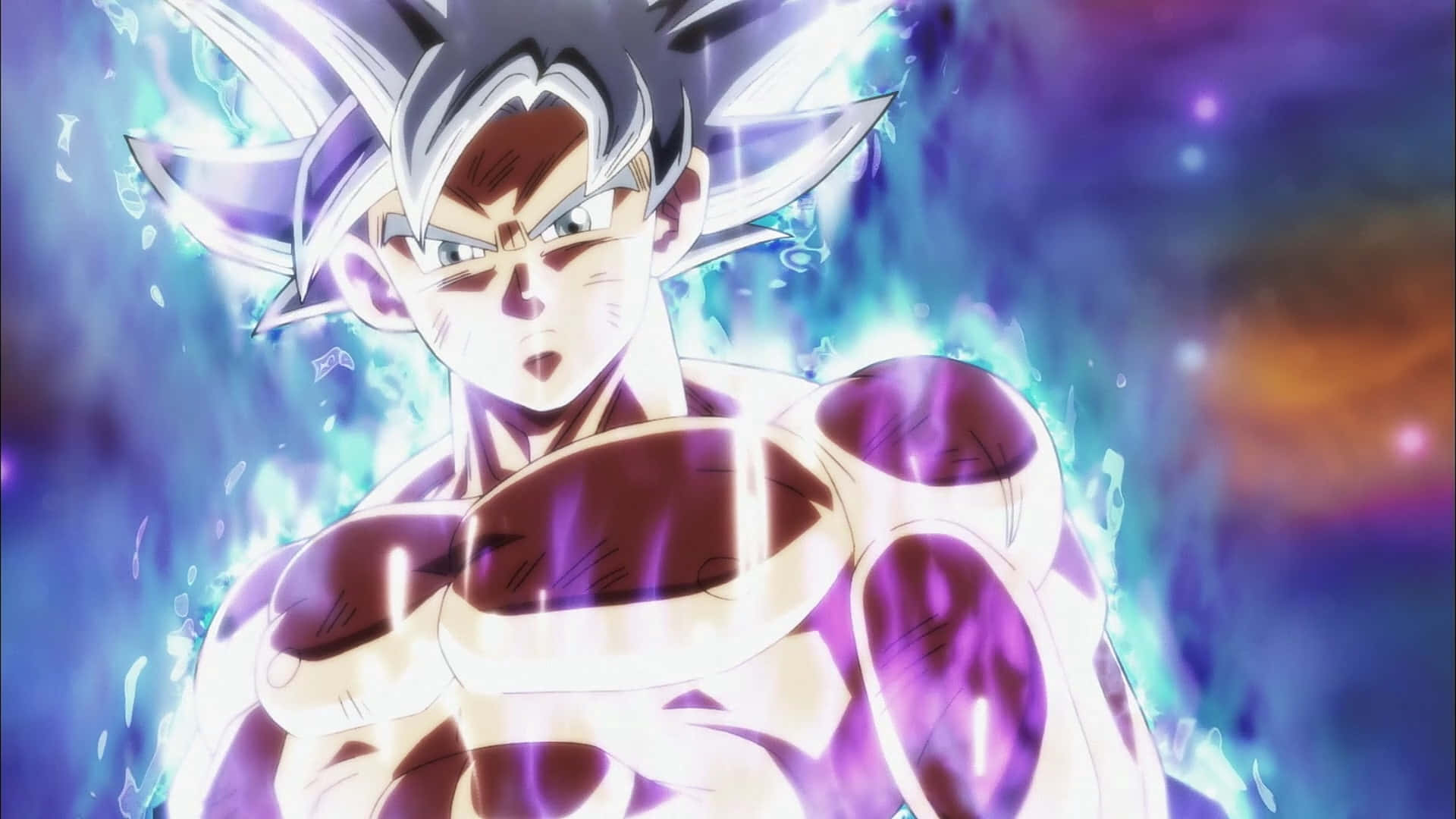 Mui Goku 桌布 壁紙 — 一個擁有銀色尖刺頭髮和發光紫色光環的強大動漫戰士，在宇宙星雲背景下挑釁地站立。